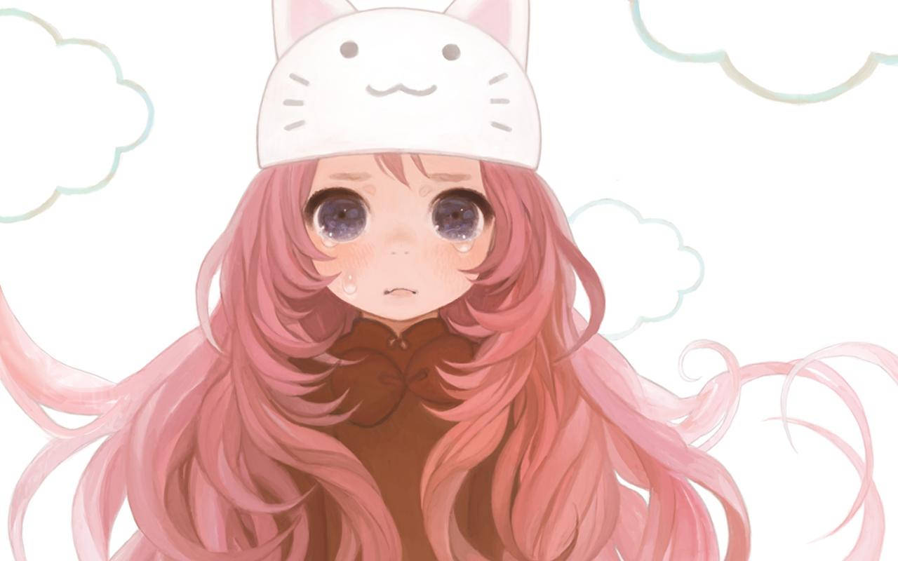 สาวอนิเมะน่ารักร้องไห้ใส่หมวกแมว วอลเปเปอร์