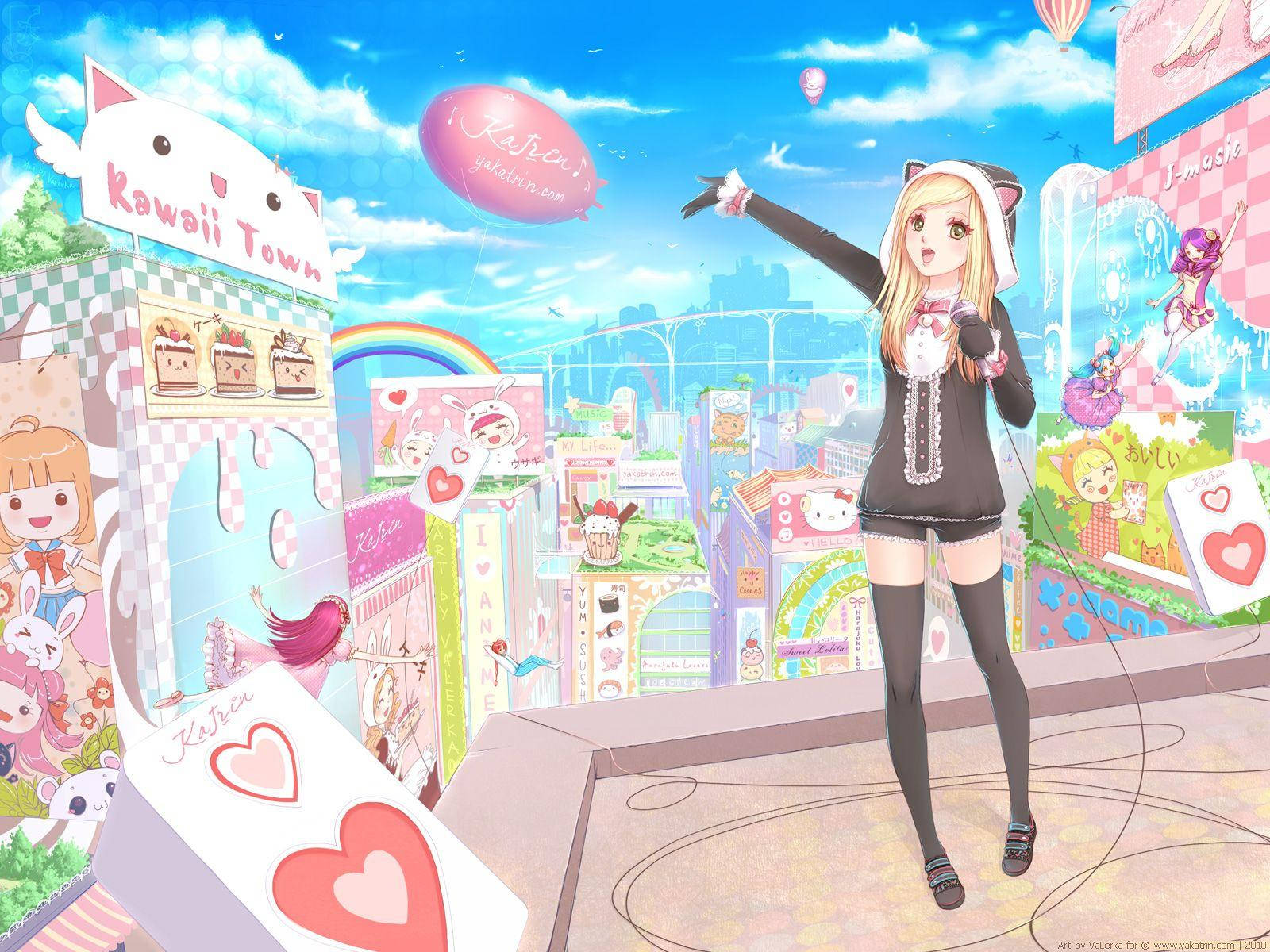 สาวอนิเมะน่ารักรายล้อมด้วยร้านค้าสุดคิวท์ วอลเปเปอร์
