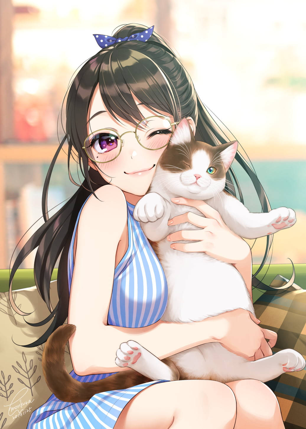 สาวอนิเมะน่ารักสไตล์คาวาอิกับแมว วอลเปเปอร์