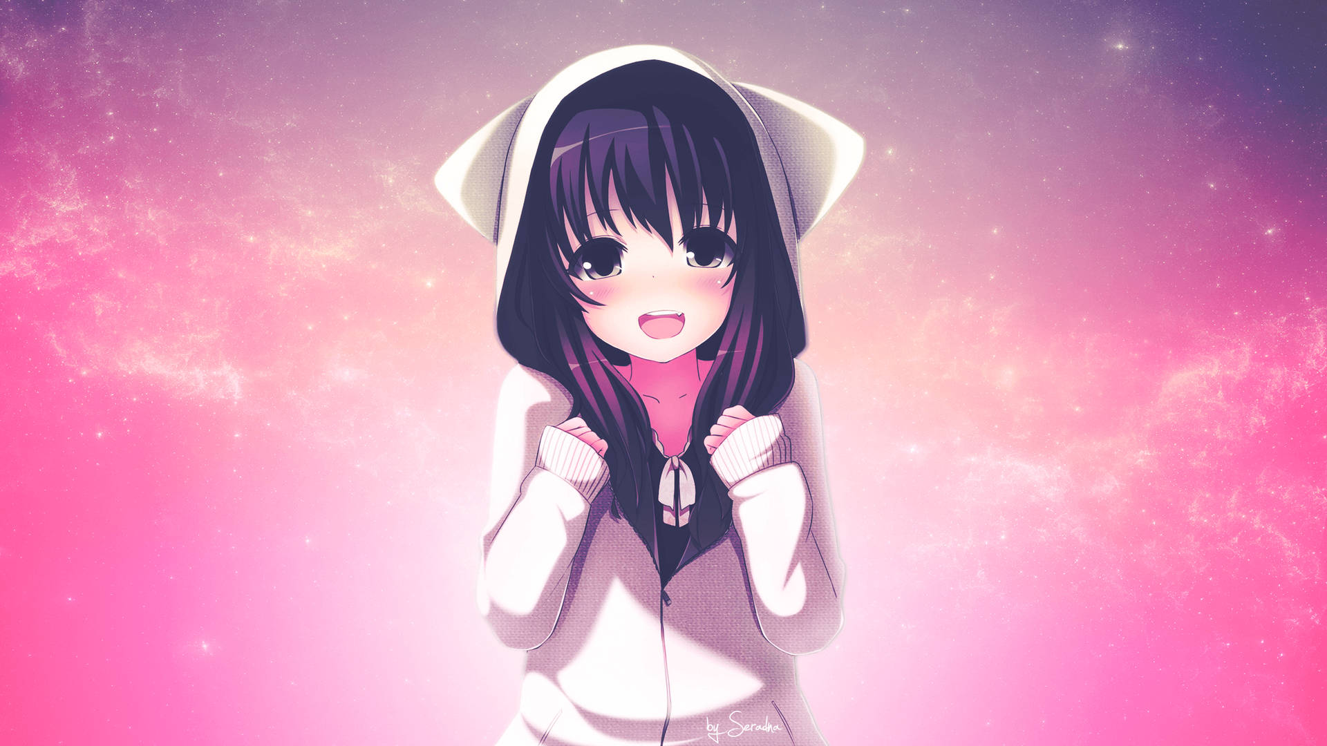 วอลเปเปอร์สาวอนิเมะน่ารักใส่เสื้อฮู้ดสีขาว — สาวอนิเมะ วอลเปเปอร์