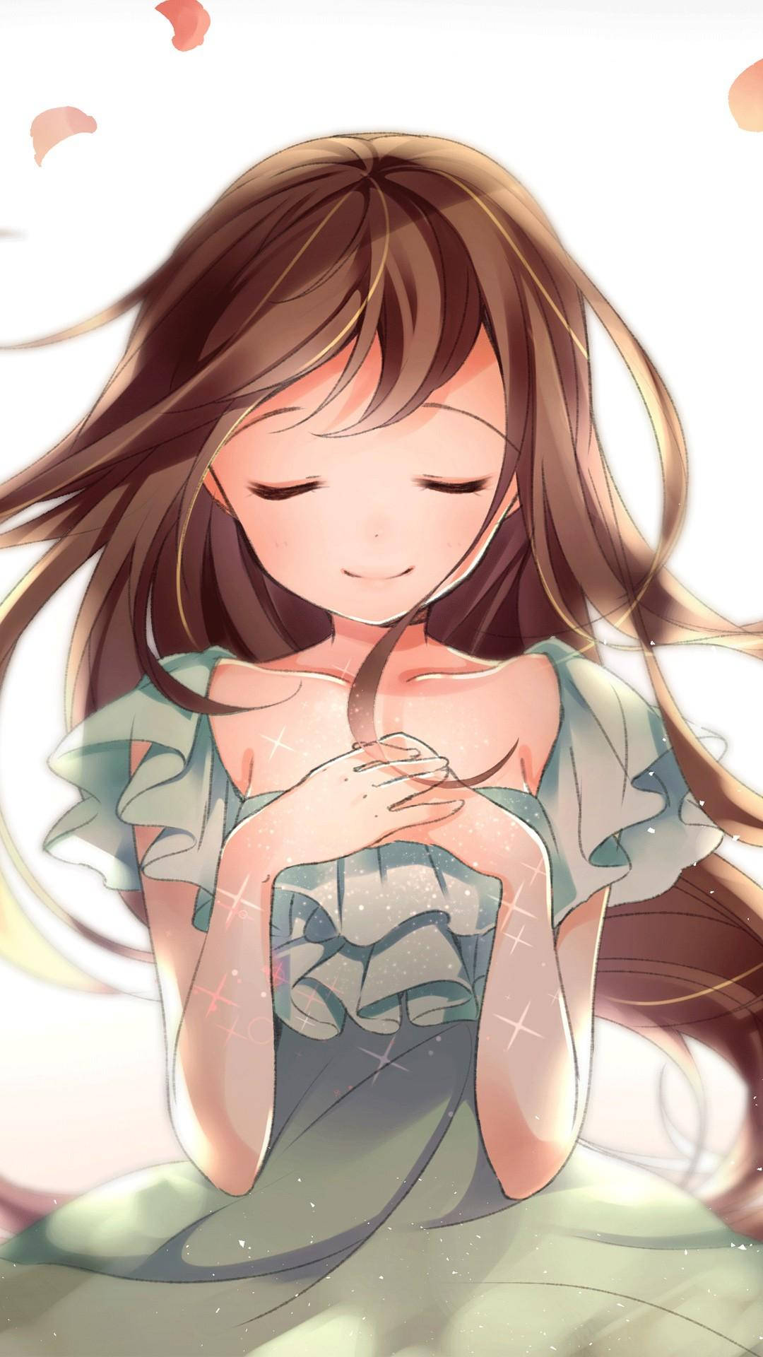 สาวอนิเมะน่ารักในชุดเดรสกำลังอธิษฐาน วอลเปเปอร์