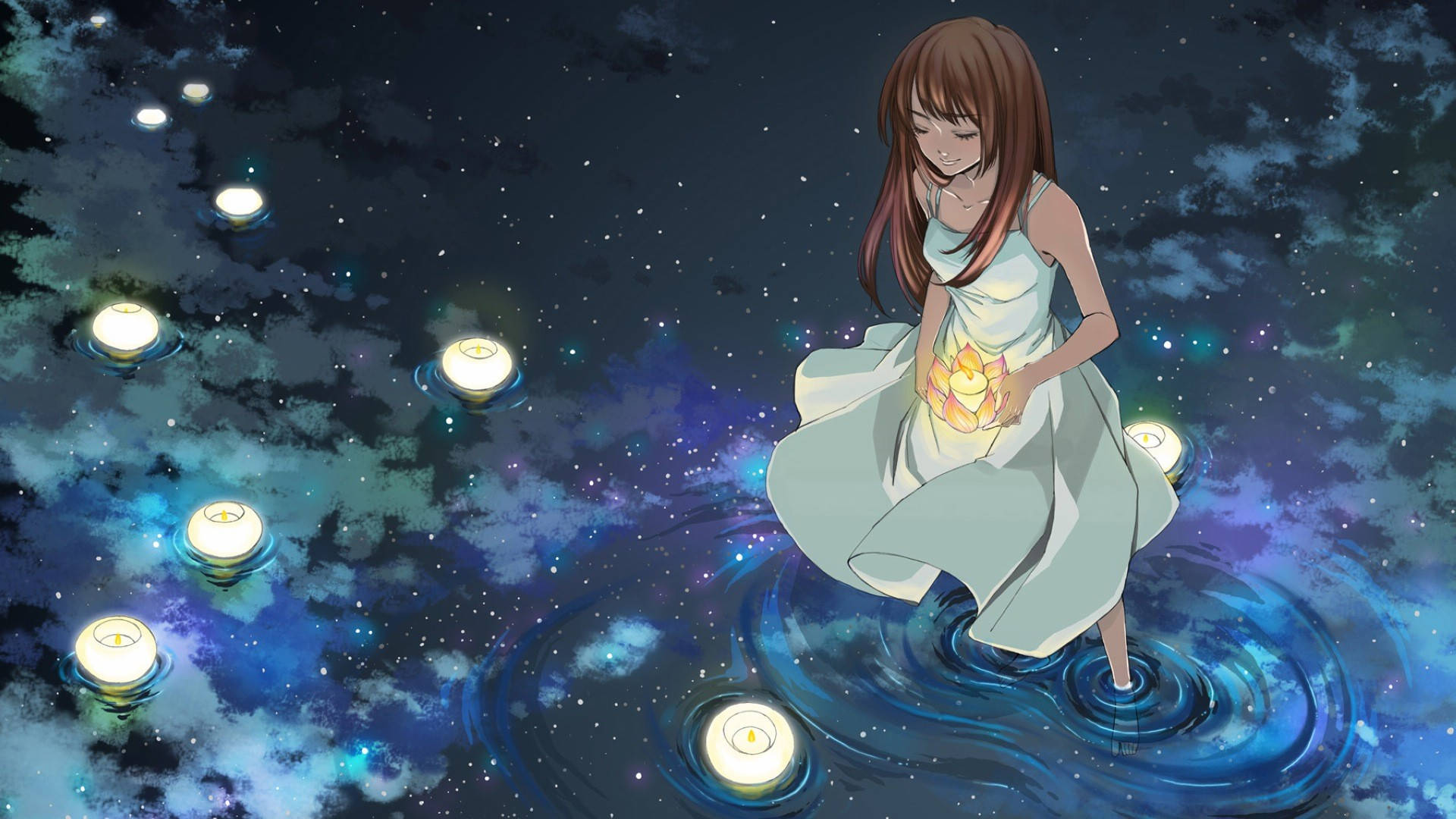 สาวอนิเมะสวยริมทะเลสาบ วอลเปเปอร์