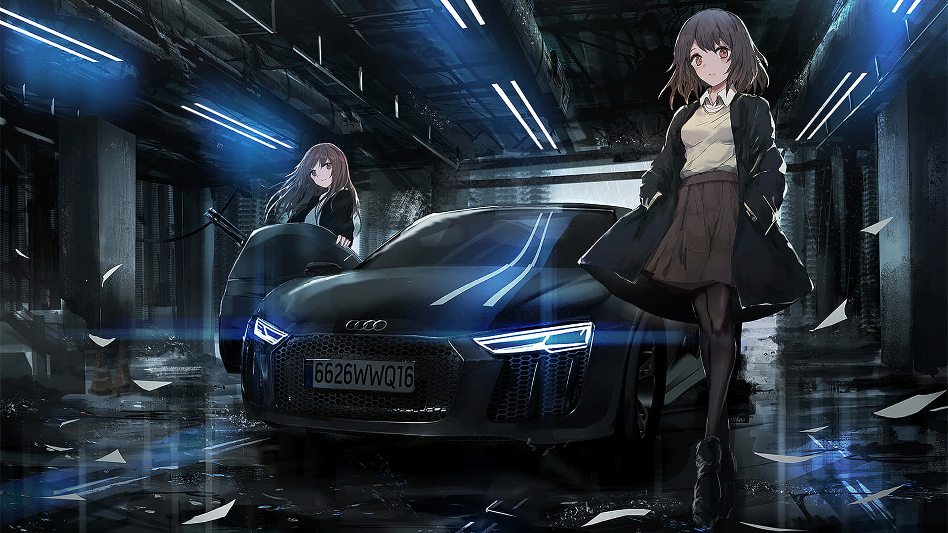 สาวอนิเมะสองคนยืนข้างรถ วอลเปเปอร์