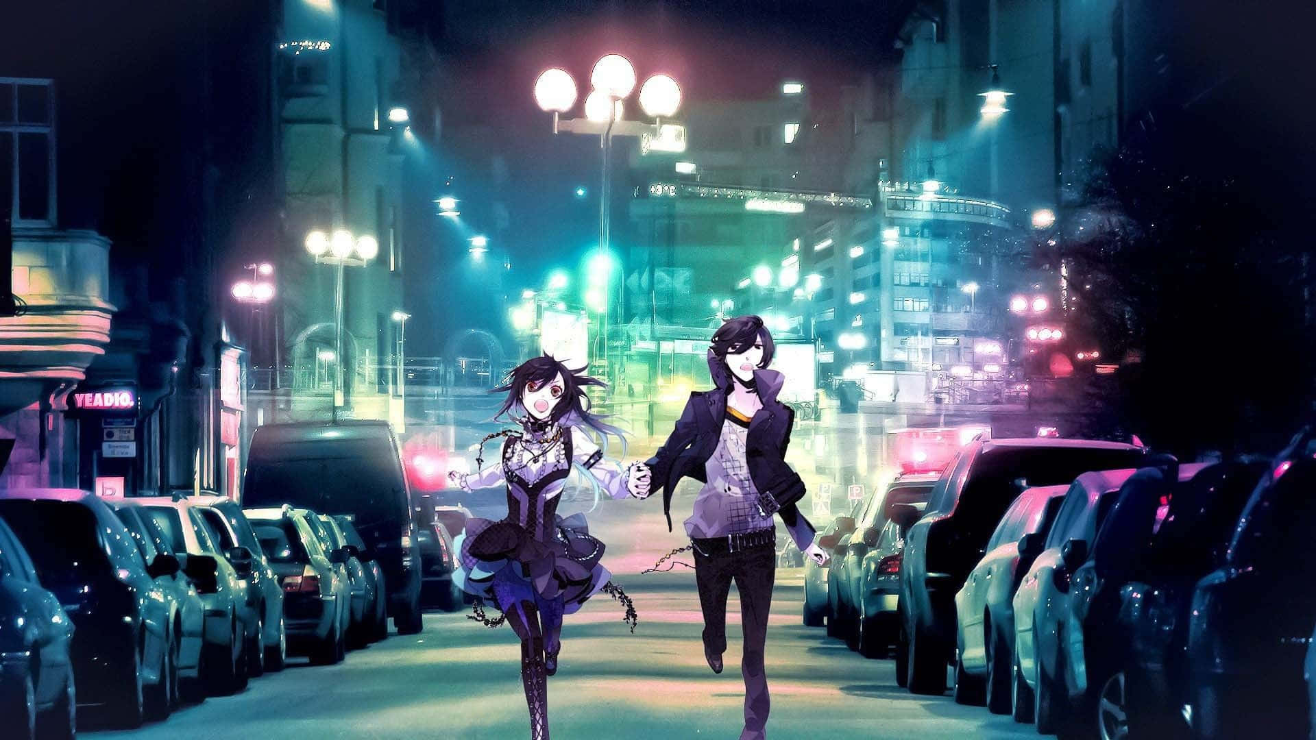 สาวอนิเมะสองคนเดินไปตามถนนยามค่ำคืน วอลเปเปอร์