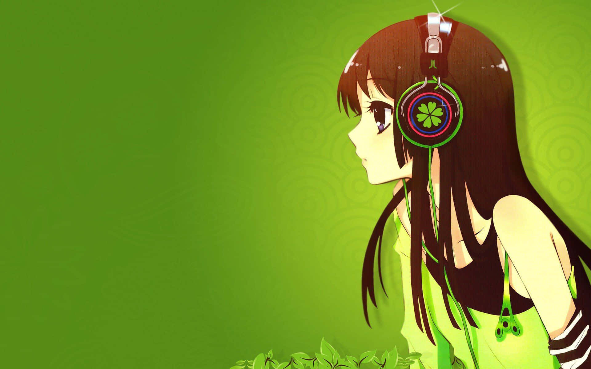 สาวอนิเมะหูฟังสีเขียวน่ารัก วอลเปเปอร์