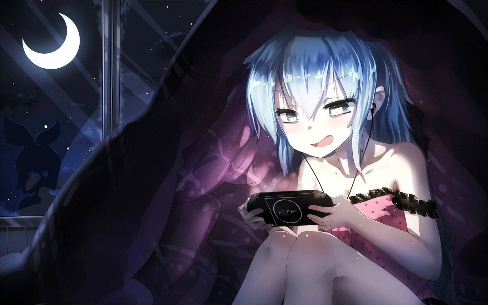 สาวอนิเมะเล่น PSP ตอนกลางคืน วอลเปเปอร์