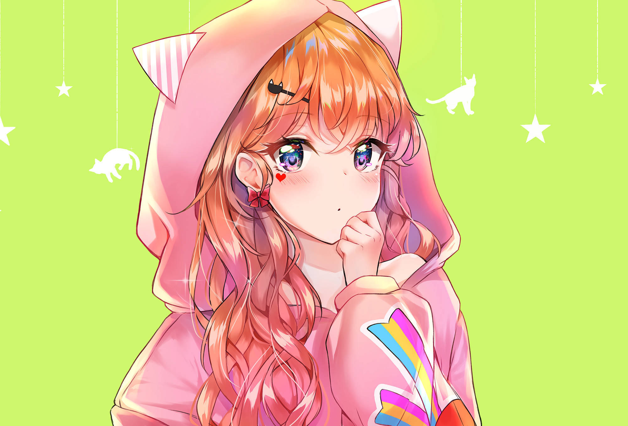 สาวอนิเมะในฮู้ดสีชมพู วอลเปเปอร์