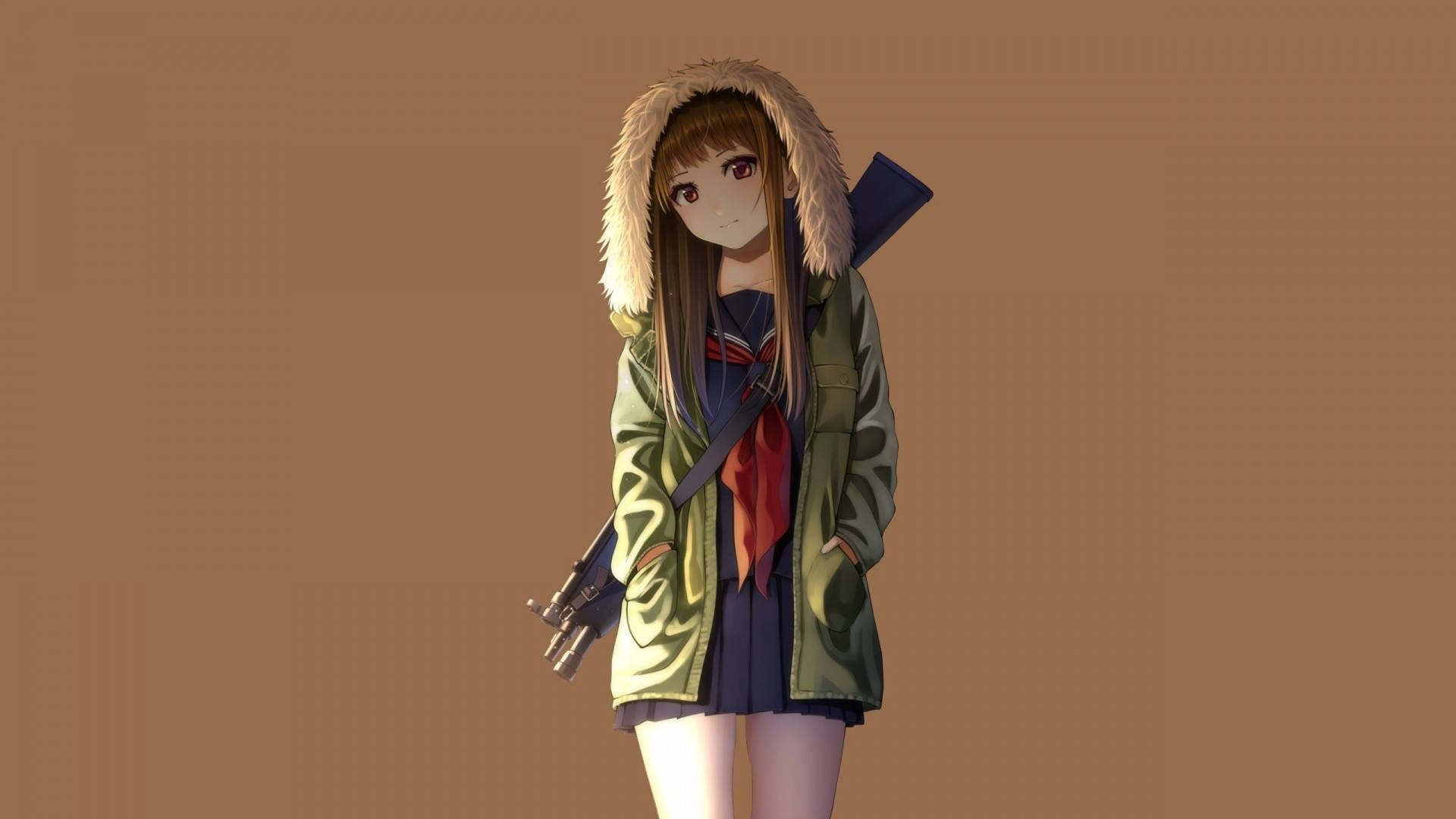 สาวอนิเมะใส่ฮู้ดถือปืน วอลเปเปอร์