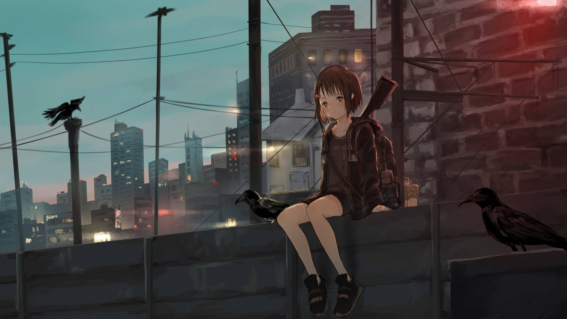 สาวอนิเมะใส่ฮู้ดบนถนน วอลเปเปอร์