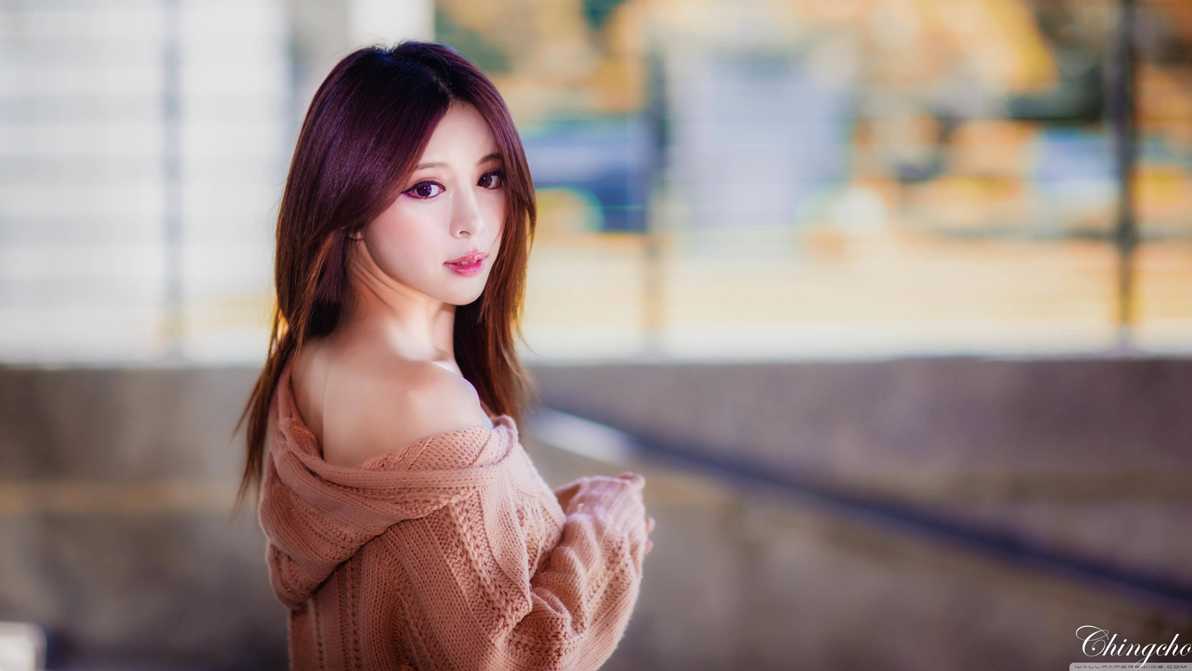 สาวเกาหลีใส่เสื้อสเวตเตอร์ถัก วอลเปเปอร์