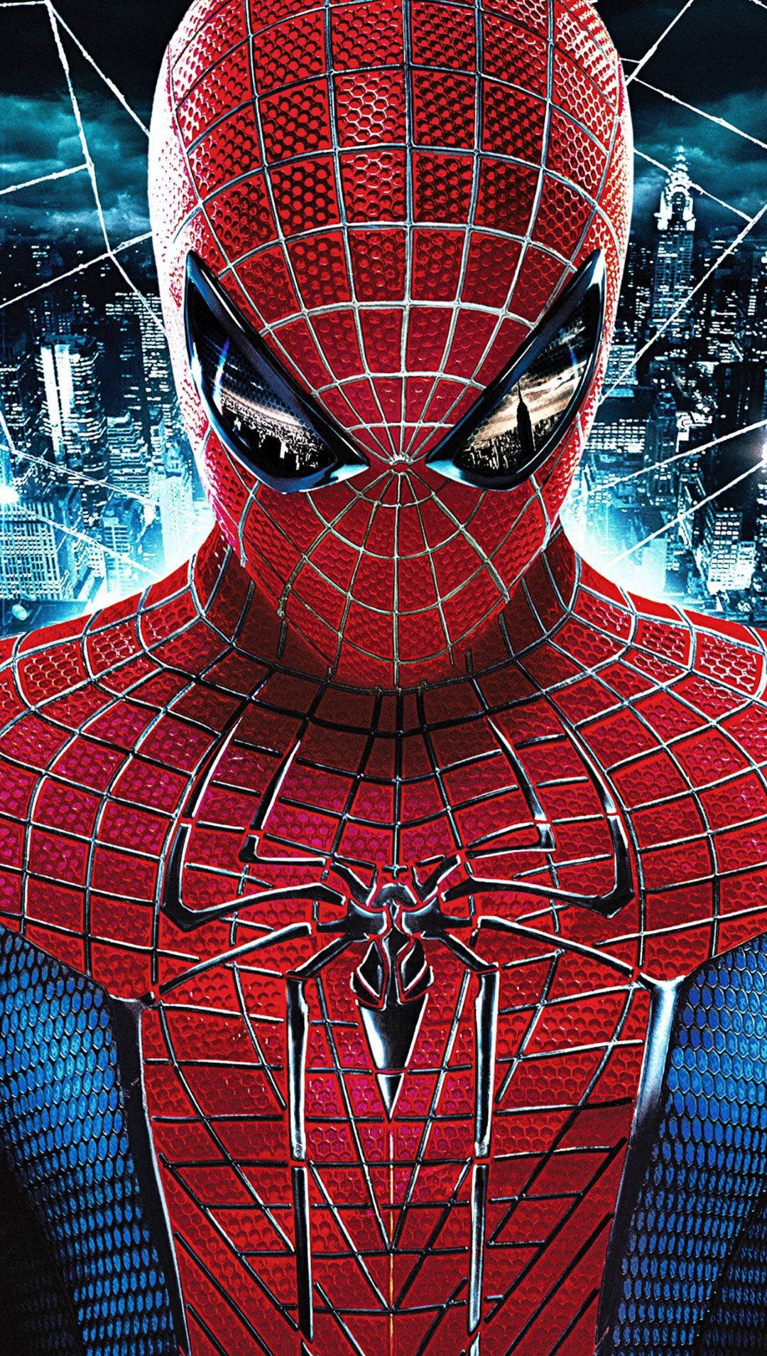 สไปเดอร์แมนฮีโร่ Marvel มองลงมาพร้อมพื้นหลังสายฟ้าสีน้ำเงิน — iPhone วอลเปเปอร์