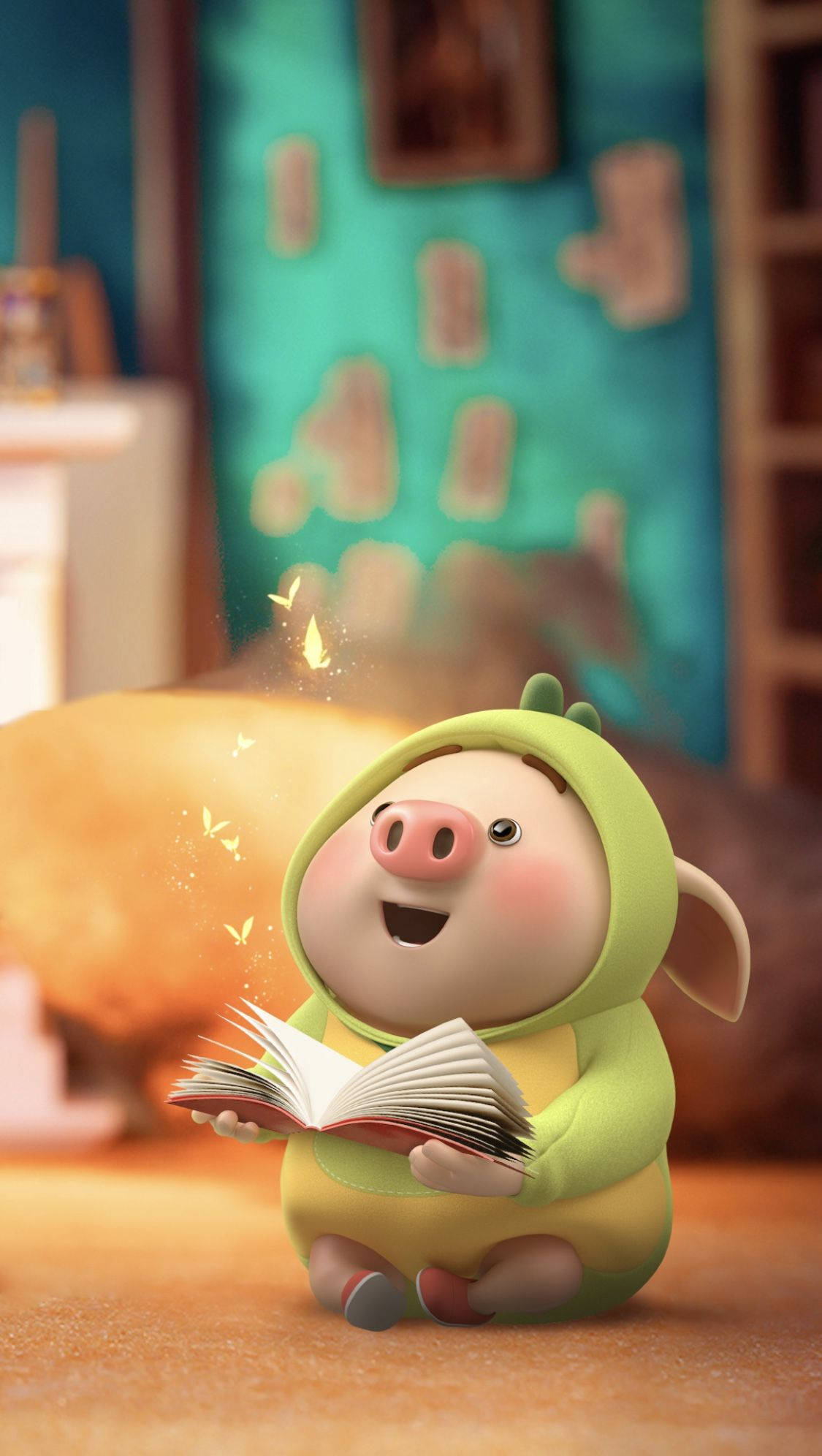 หมูน่ารักในชุดจั๊มสูทสีเขียว วอลเปเปอร์