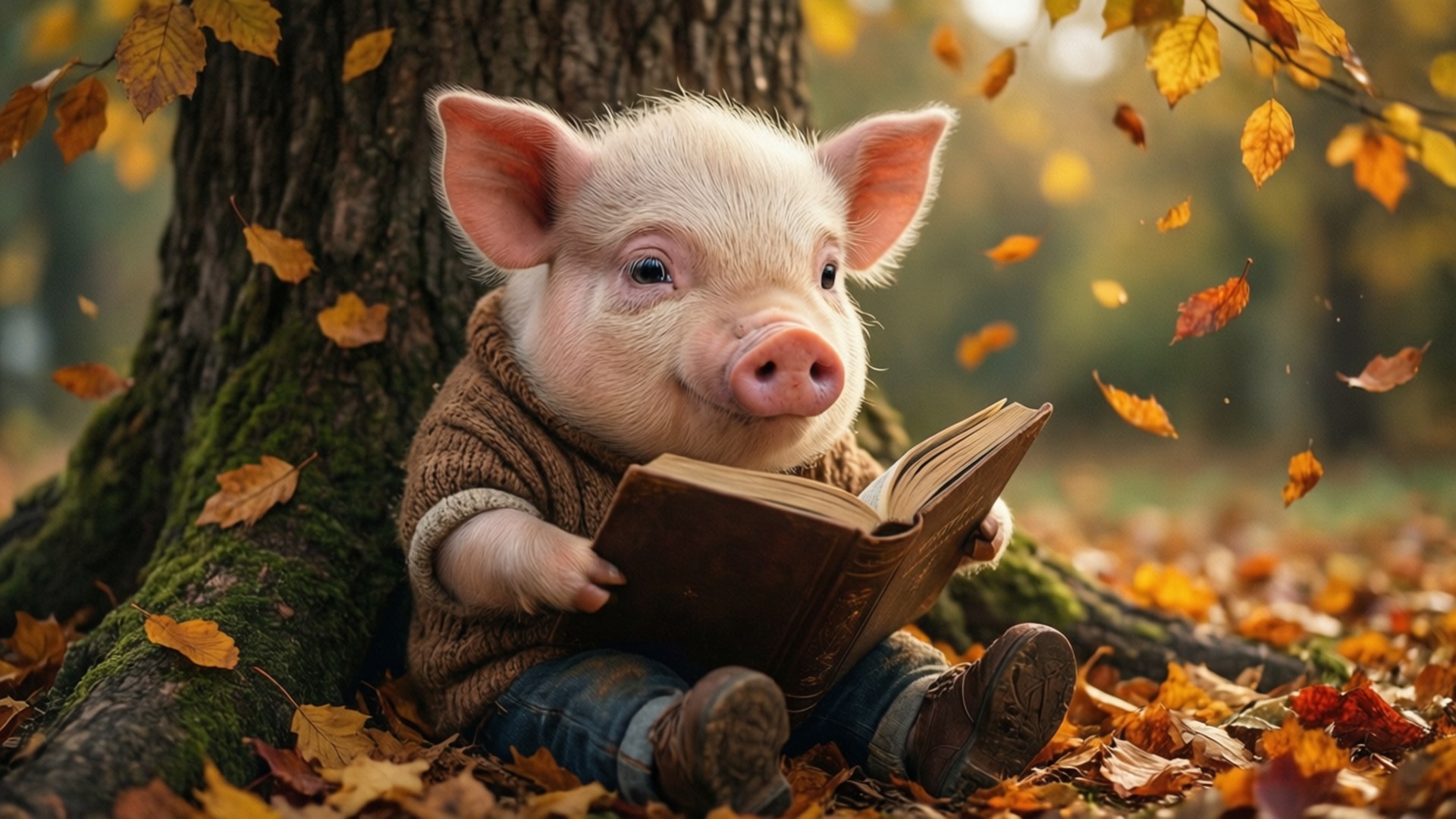 หมูอ่านหนังสือในฤดูใบไม้ร่วง วอลเปเปอร์