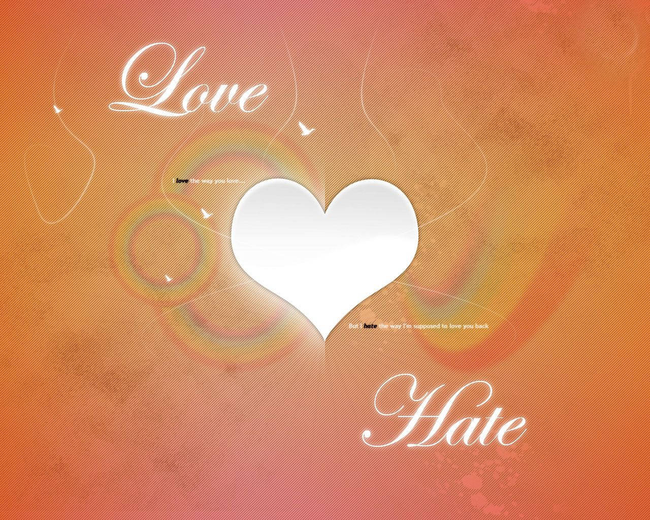 หัวใจโรแมนติกสีขาวพร้อมข้อความว่า "love" และ "hate" บนพื้นหลังสีส้มที่มีรุ้งจางๆ — ความรัก วอลเปเปอร์