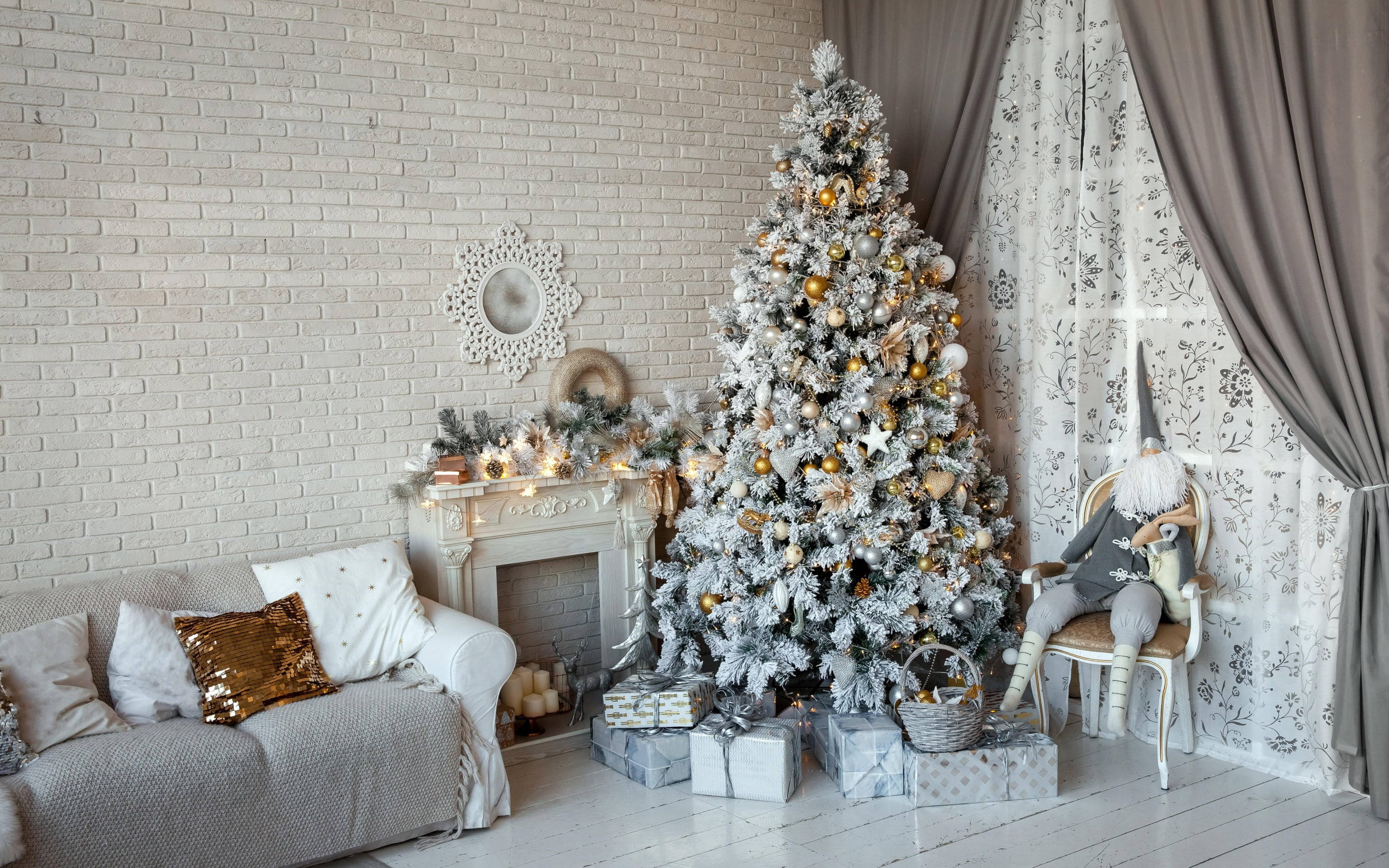 ห้องคริสต์มาสสวยงามตกแต่งสีขาว วอลเปเปอร์
