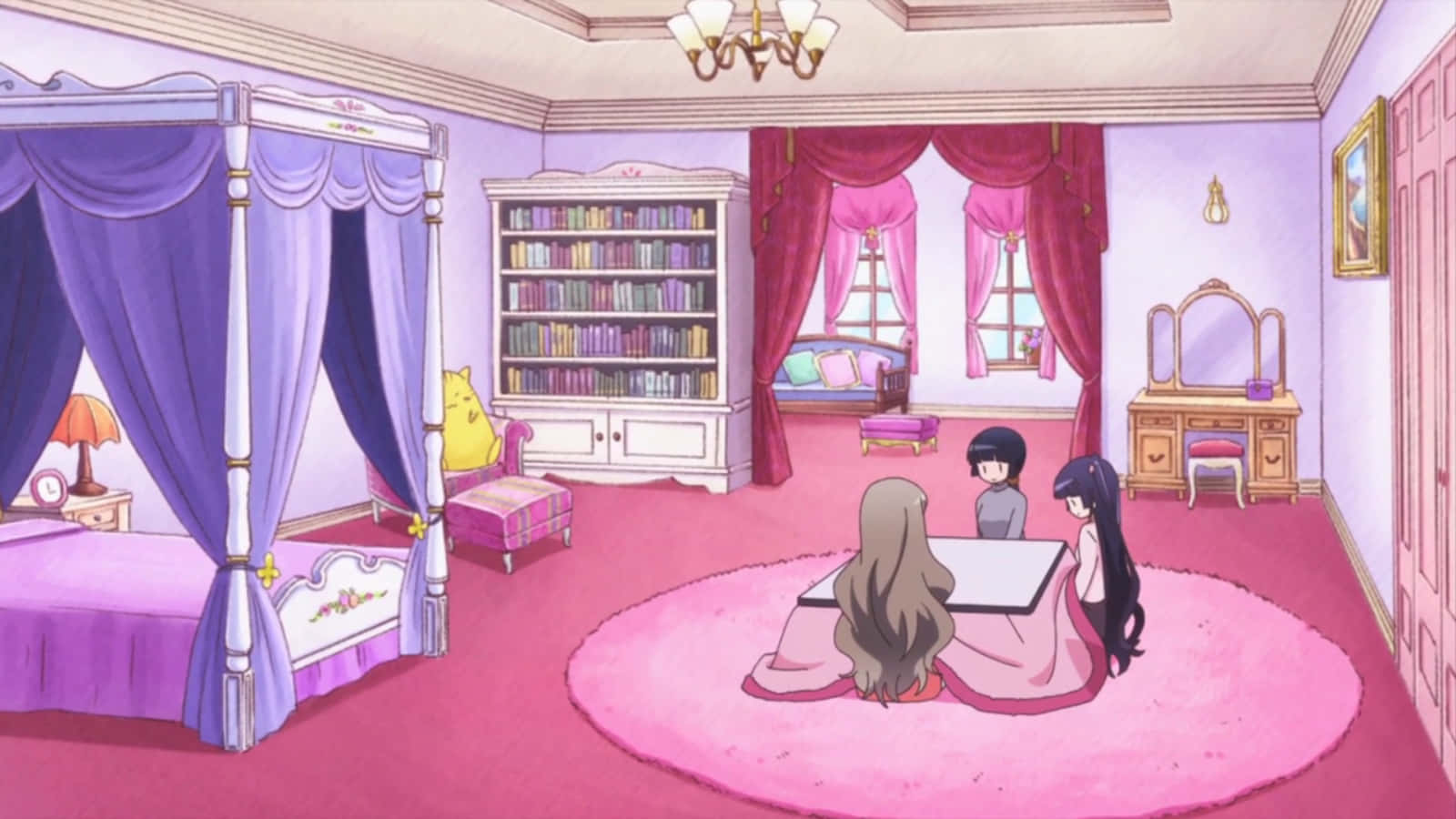 ห้องที่มีเด็กผู้หญิงสองคนนั่งอยู่บนเตียง วอลเปเปอร์