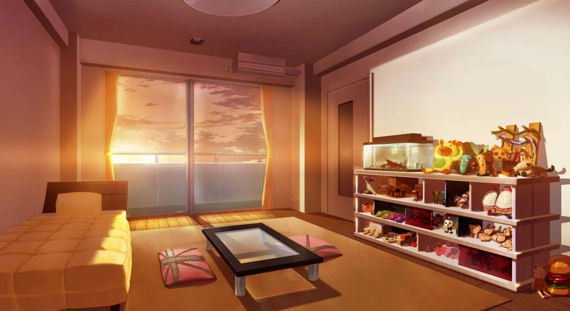 ห้องที่มีเตียง โต๊ะ และชั้นวางของ วอลเปเปอร์