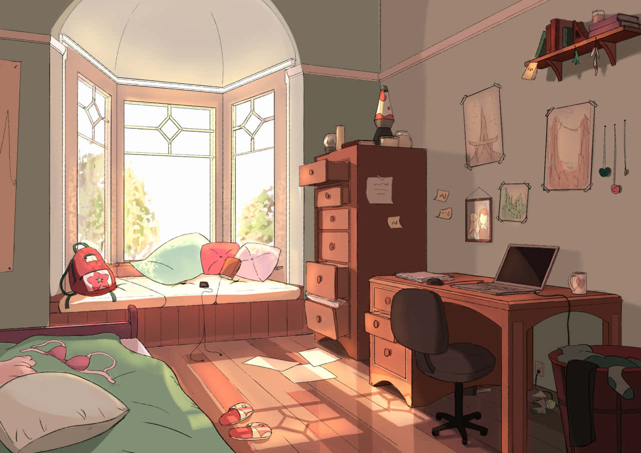 ห้องที่มีเตียง โต๊ะ และหน้าต่าง วอลเปเปอร์