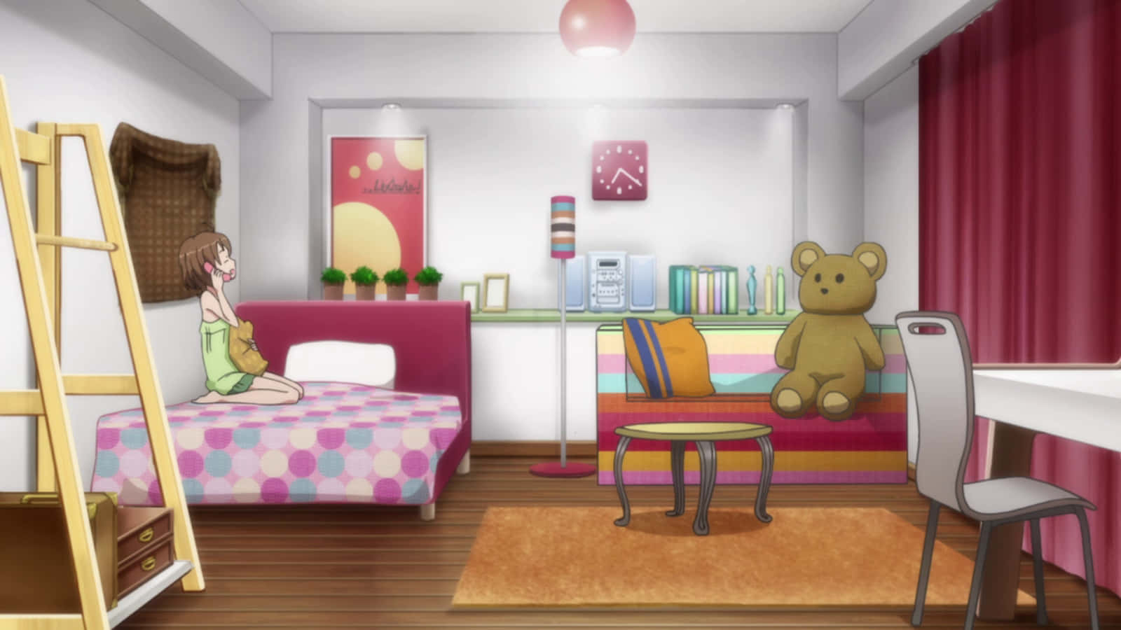 ห้องที่มีเตียง โต๊ะ และตุ๊กตาหมี วอลเปเปอร์