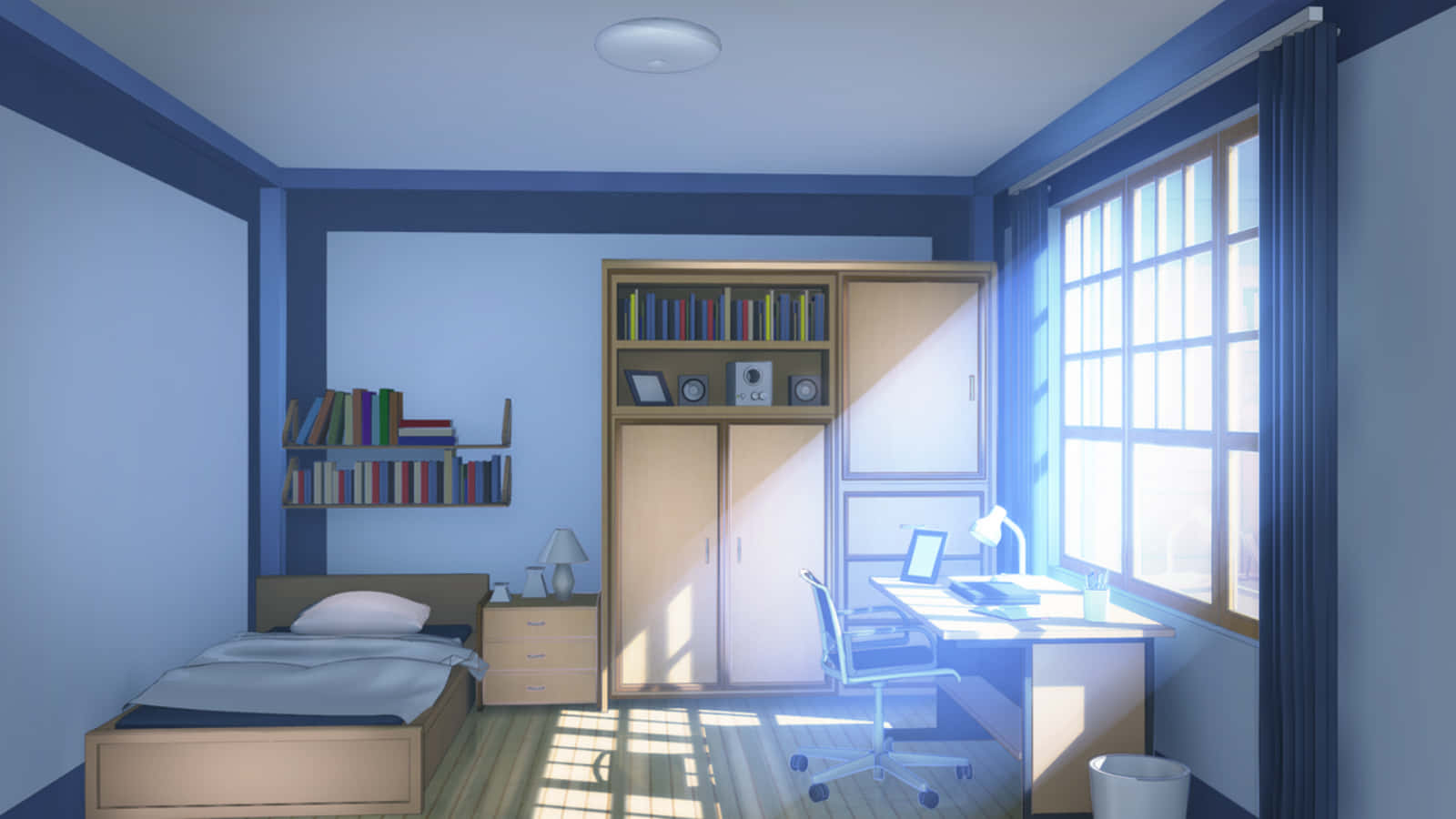 ห้องที่มีเตียง โต๊ะและหน้าต่าง วอลเปเปอร์