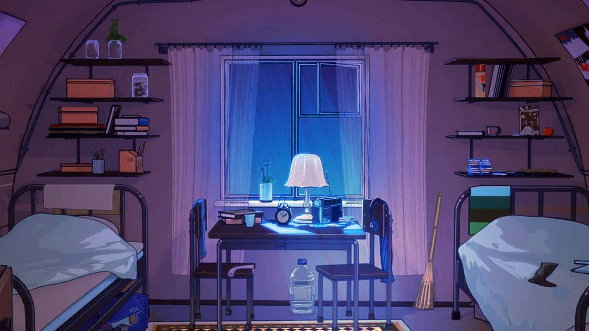 ห้องที่มีเตียงสองเตียงและโต๊ะ วอลเปเปอร์