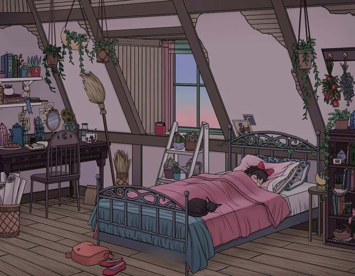 ห้องนอนที่มีเตียง โต๊ะ และโคมไฟ วอลเปเปอร์