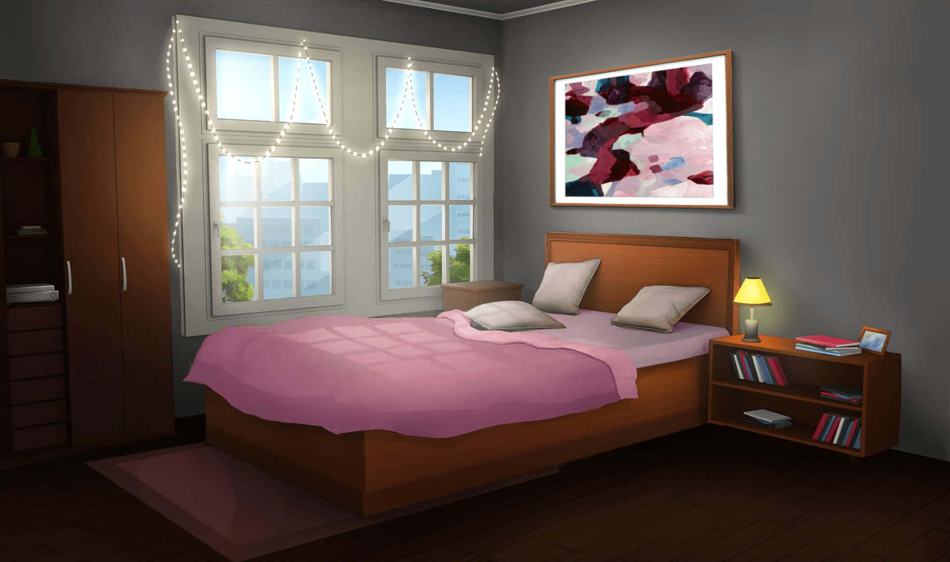 ห้องนอนที่มีเตียงและหน้าต่าง วอลเปเปอร์