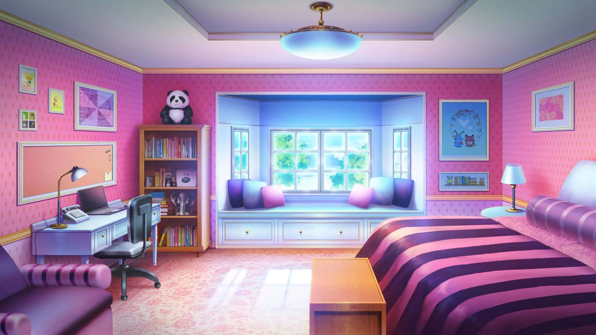ห้องนอนสีชมพูพร้อมเตียงและโต๊ะ วอลเปเปอร์