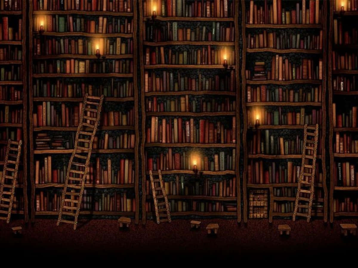 ห้องสมุดที่มีหนังสือมากมายและบันได วอลเปเปอร์