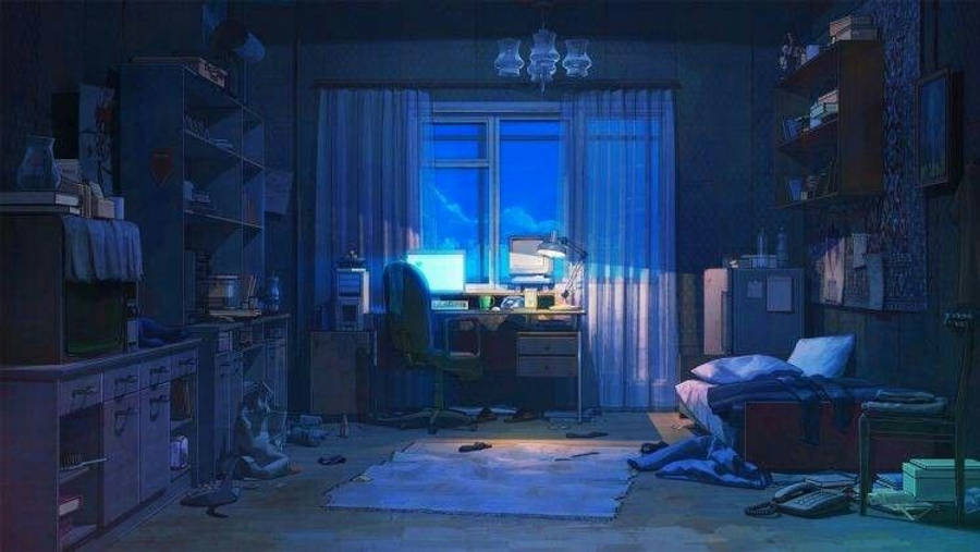 ห้องอนิเมะสลัวพร้อมเปิดแล็ปท็อป วอลเปเปอร์