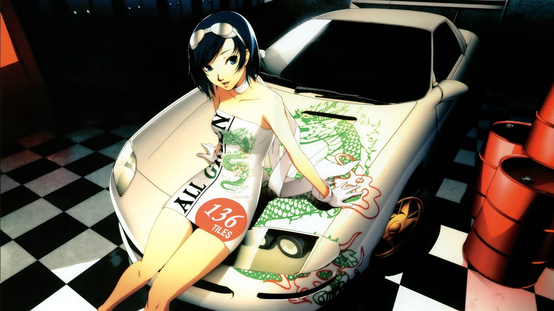 อนิเมะสาวนั่งบนฝากระโปรงรถ วอลเปเปอร์