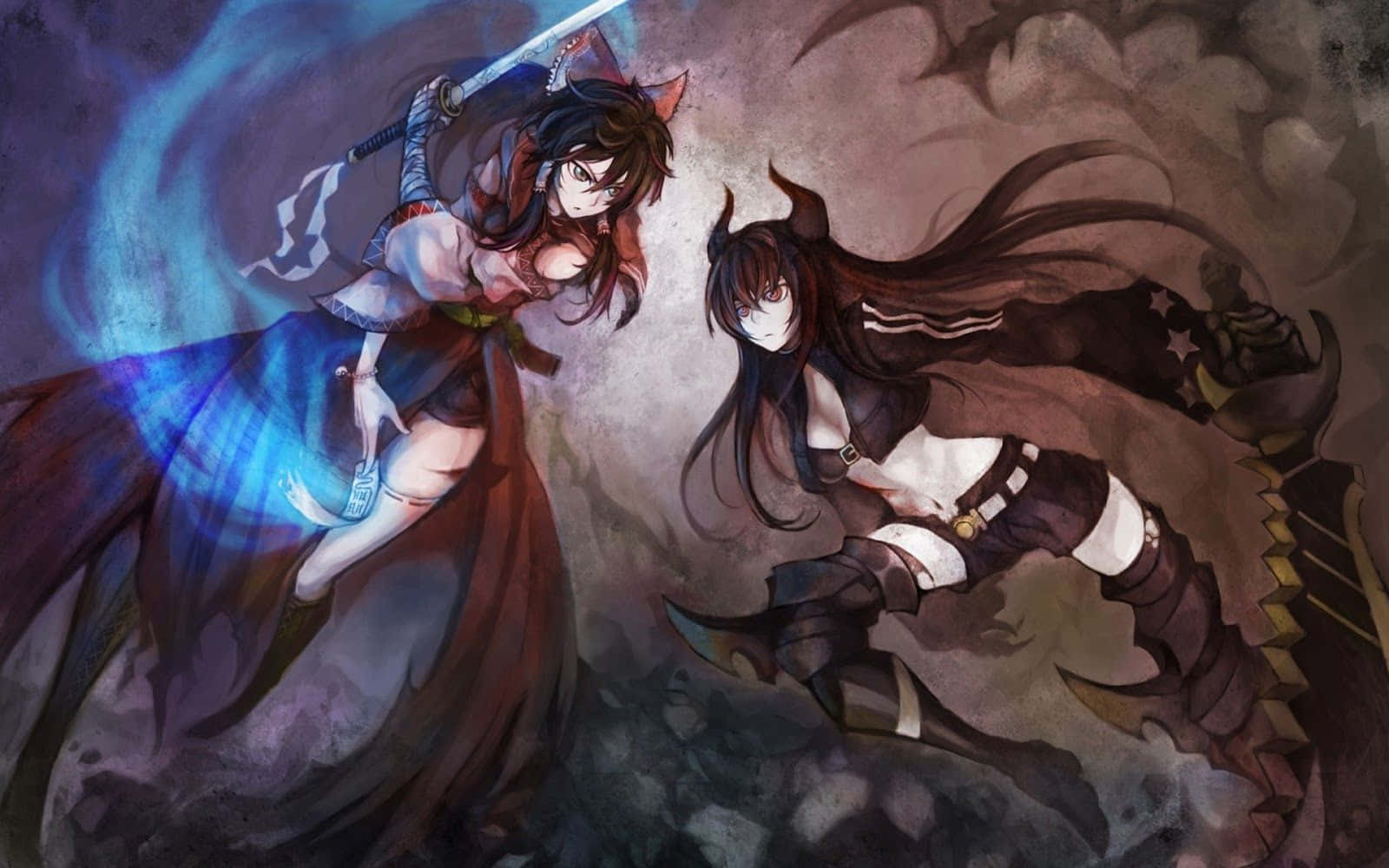 อนิเมะสาวสองคนถือดาบอยู่ด้านหลัง วอลเปเปอร์