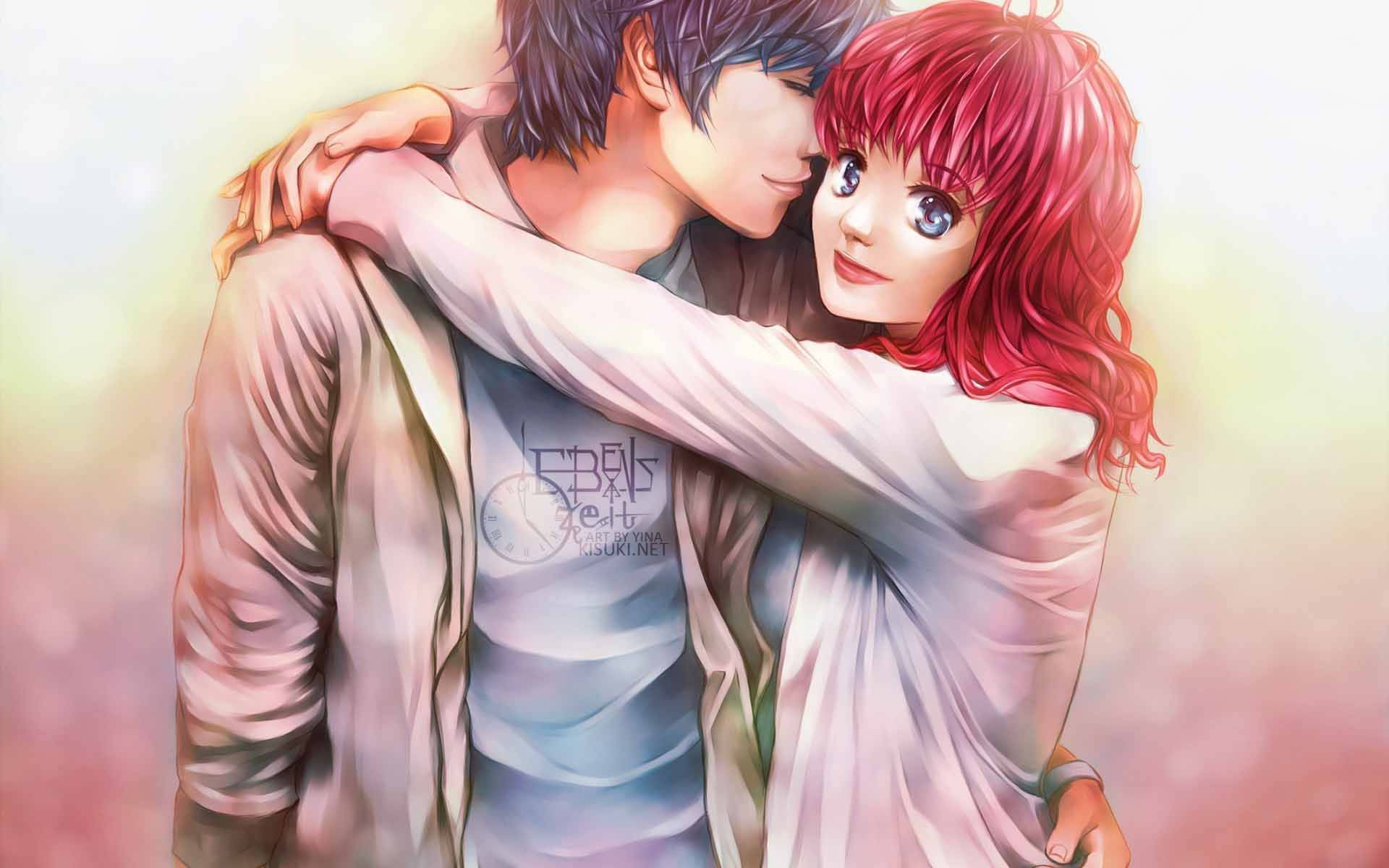 อนิเมะหนุ่มสาวกอดกันใส่แจ็คเก็ตคู่ วอลเปเปอร์