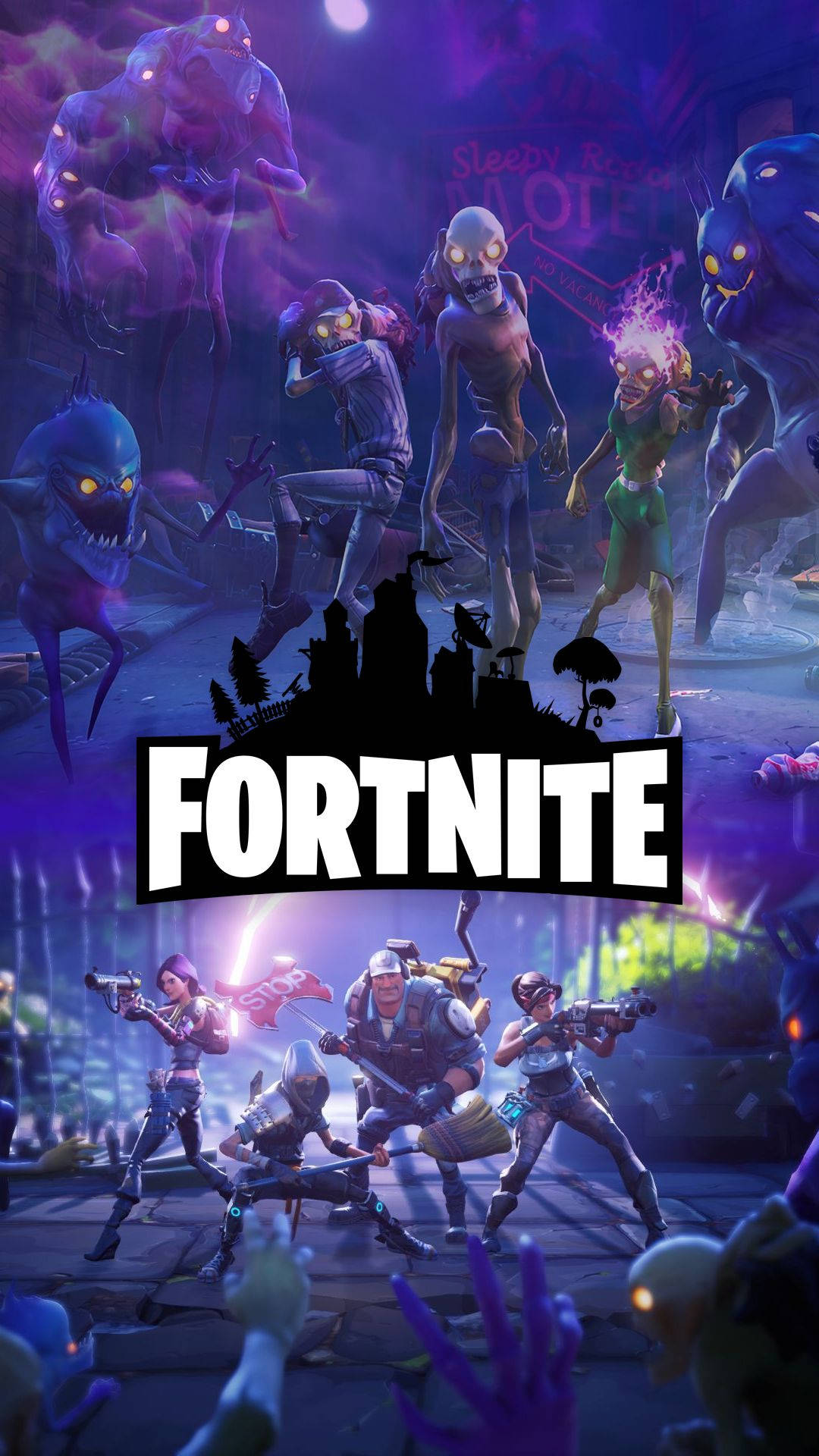 ซอมบี้และมนุษย์ต่อสู้กันพร้อมโลโก้ Fortnite HD วอลเปเปอร์ — ฟอร์ทไนท์ วอลเปเปอร์