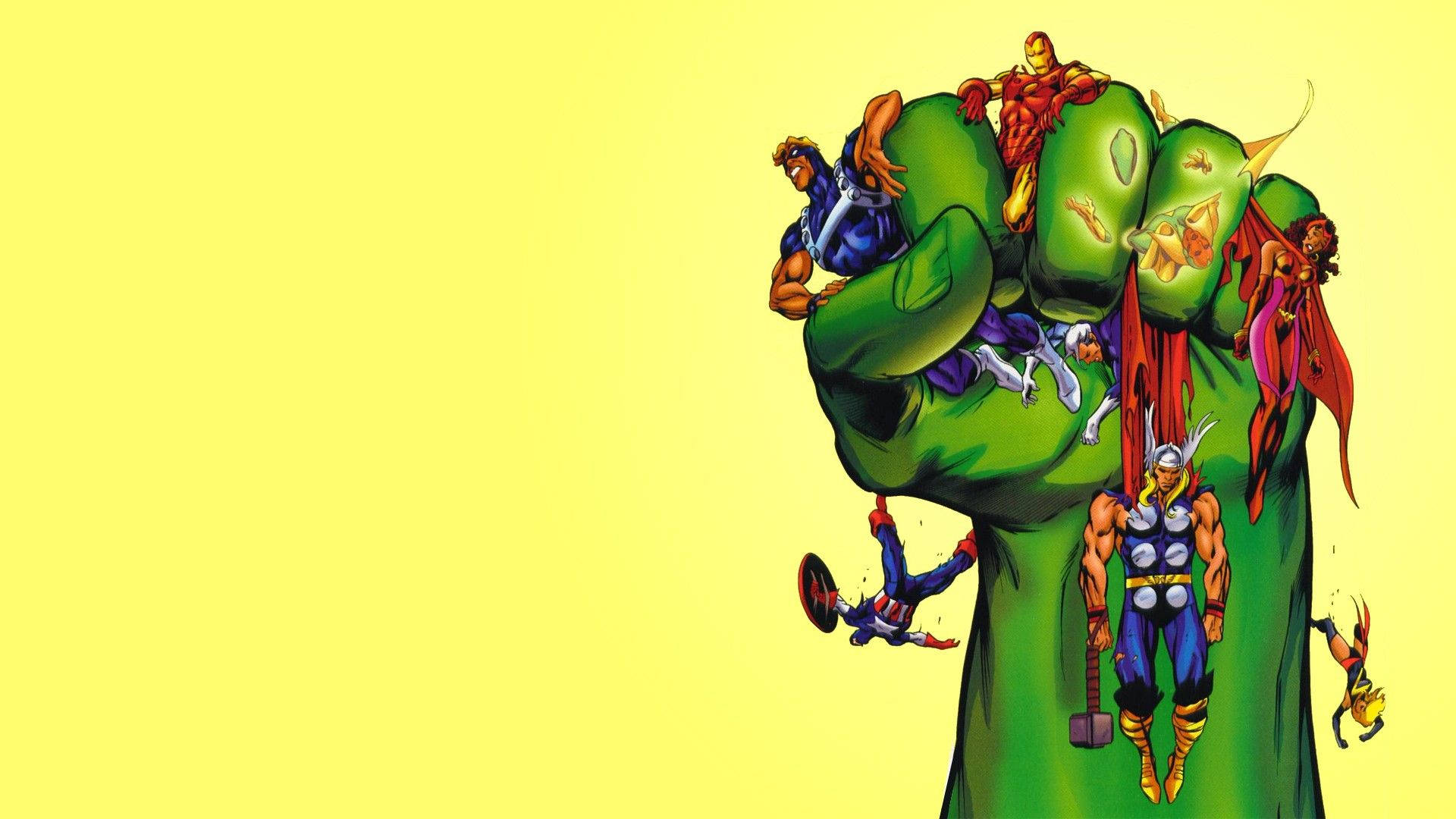 มือสีเขียวขนาดยักษ์ของ Marvel Hulk ที่ถือซูเปอร์ฮีโร่คนอื่นๆ — มาร์เวล วอลเปเปอร์