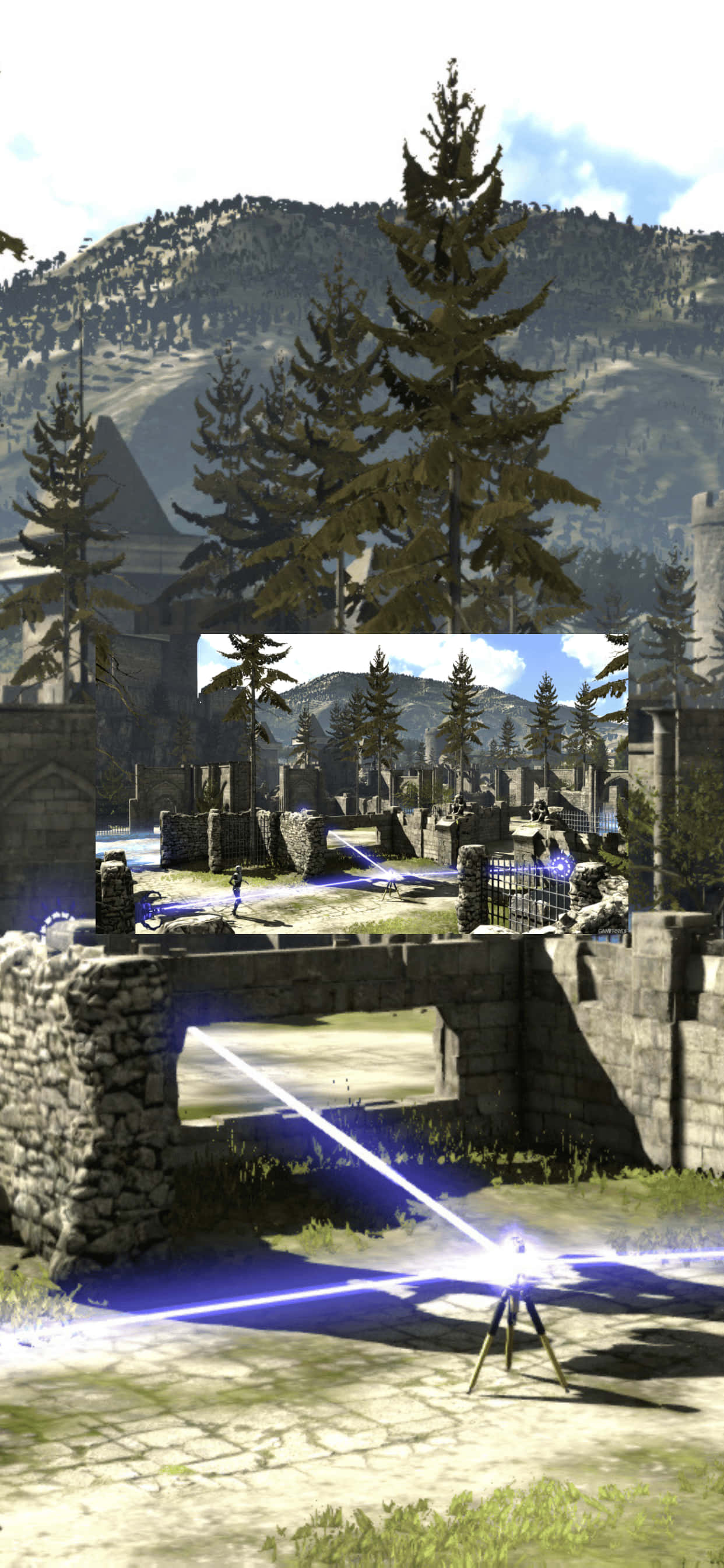 เกมที่มีแสงสีฟ้าส่องลงบนกำแพงหิน วอลเปเปอร์