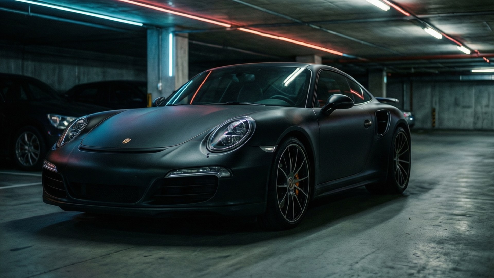 ปอร์เช่ 911 Turbo S สีดำด้านโดดเด่นในโรงจอดรถใต้ดินสุดเท่ พร้อมแสงสะท้อนจากนีออน — รถเท่ๆ GIF วอลเปเปอร์