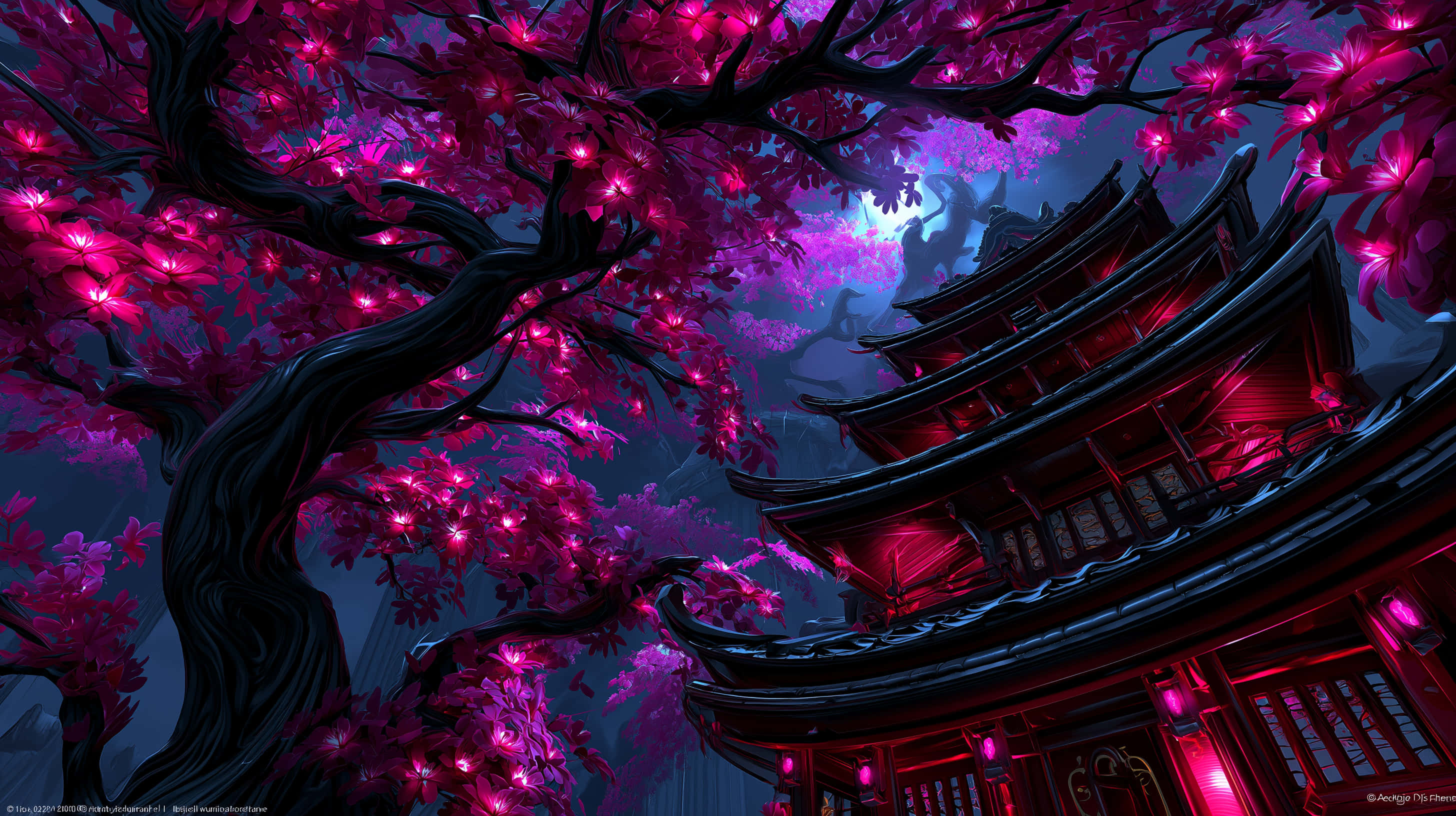 เจดีย์โบราณโผล่พ้นเรือนดอกไม้เรืองรองยามพลบค่ำ วอลเปเปอร์