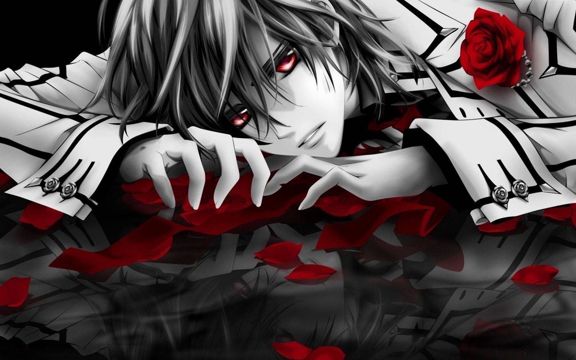 วอลเปเปอร์เด็กหนุ่มอนิเมะผิวซีดกับดอกกุหลาบสีแดง — หนุ่มอนิเมะ วอลเปเปอร์