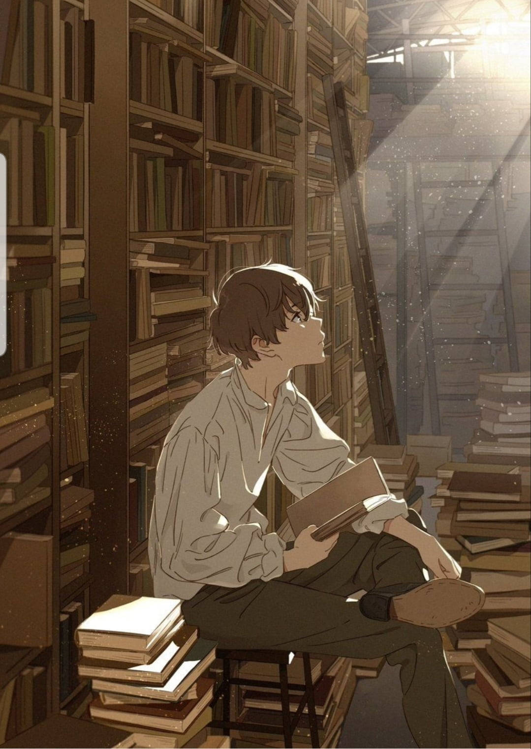 เด็กหนุ่มอนิเมะนั่งบนกองหนังสือ วอลเปเปอร์