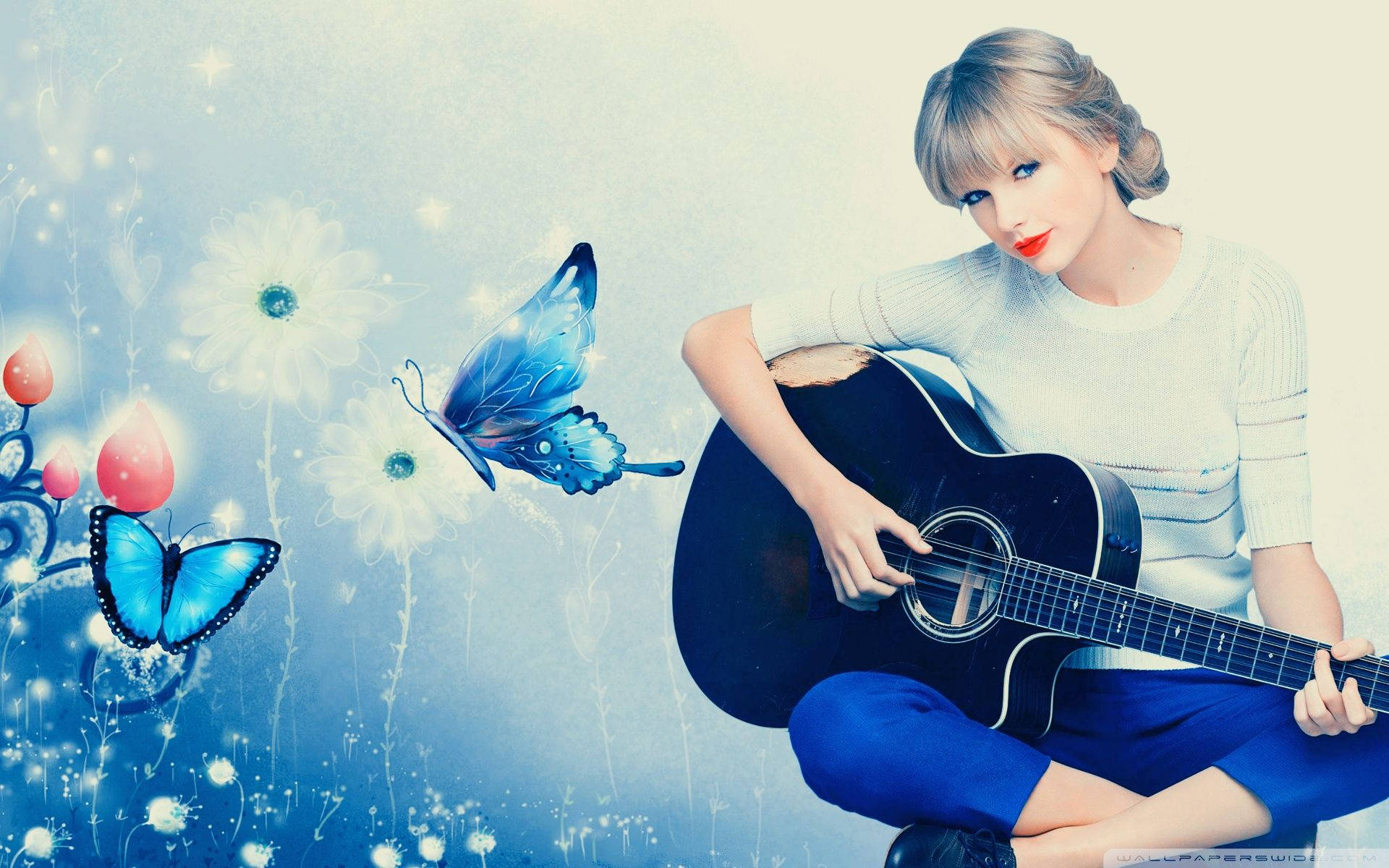 ภาพปกวอลเปเปอร์เทย์เลอร์ สวิฟต์ เล่นกีตาร์ธีมสีน้ำเงิน — Taylor Swift วอลเปเปอร์