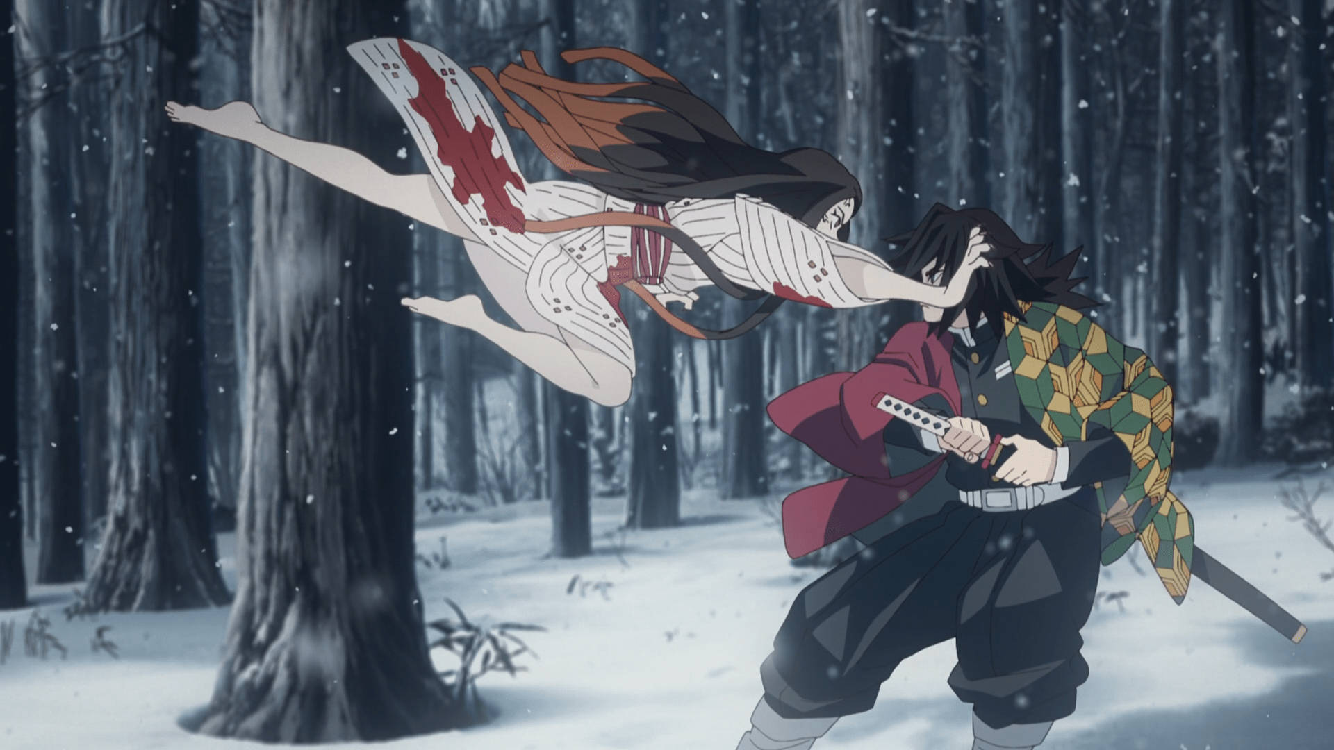 วอลเปเปอร์ Demon Slayer เนซึโกะโจมตีกิยู โทมิโอกะ นักล่าธารน้ำ — ดาบพิฆาตอสูร วอลเปเปอร์