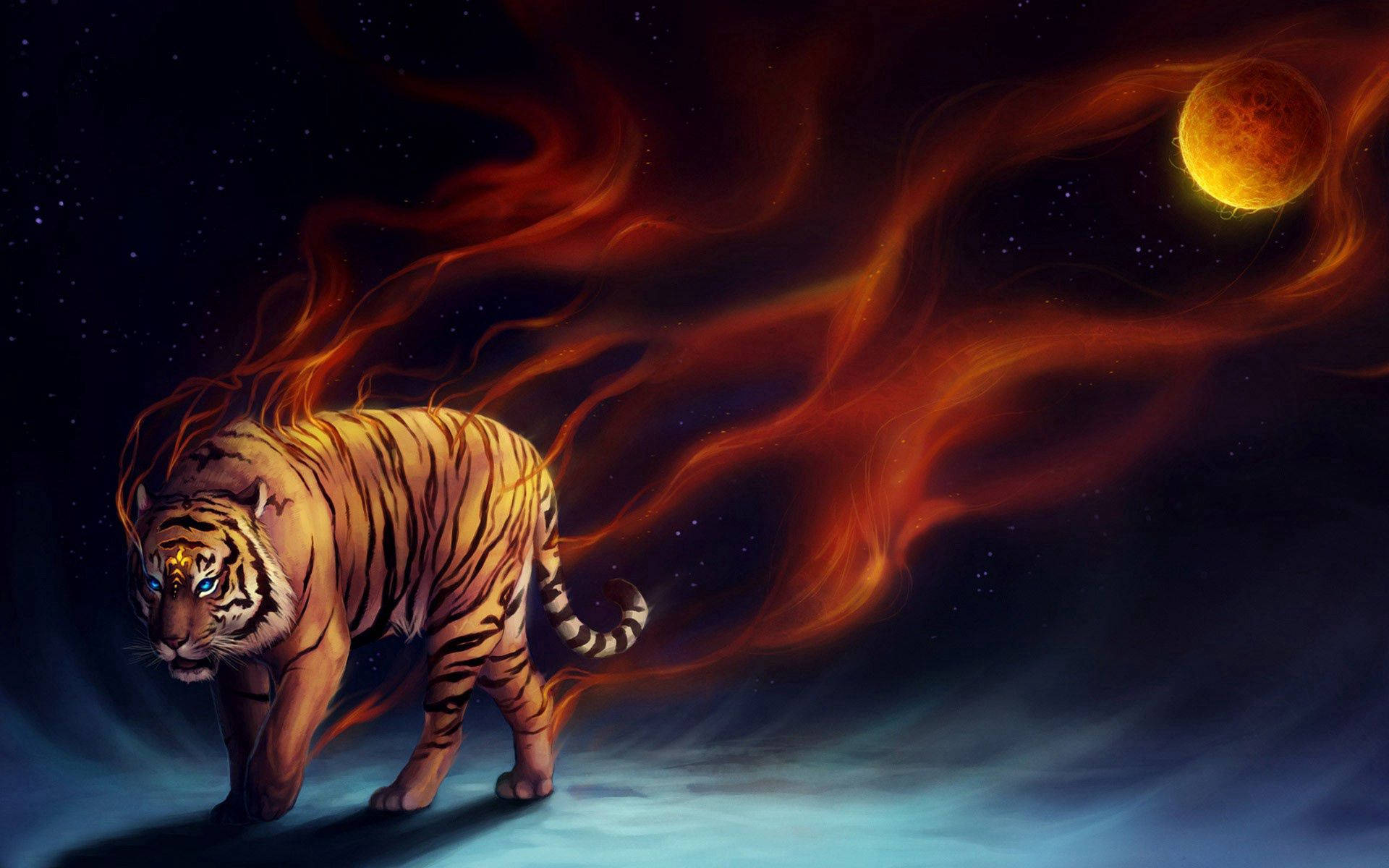 วอลเปเปอร์ภาพดิจิทัลนามธรรมของเสือเพลิงและดวงจันทร์ — เสือ วอลเปเปอร์