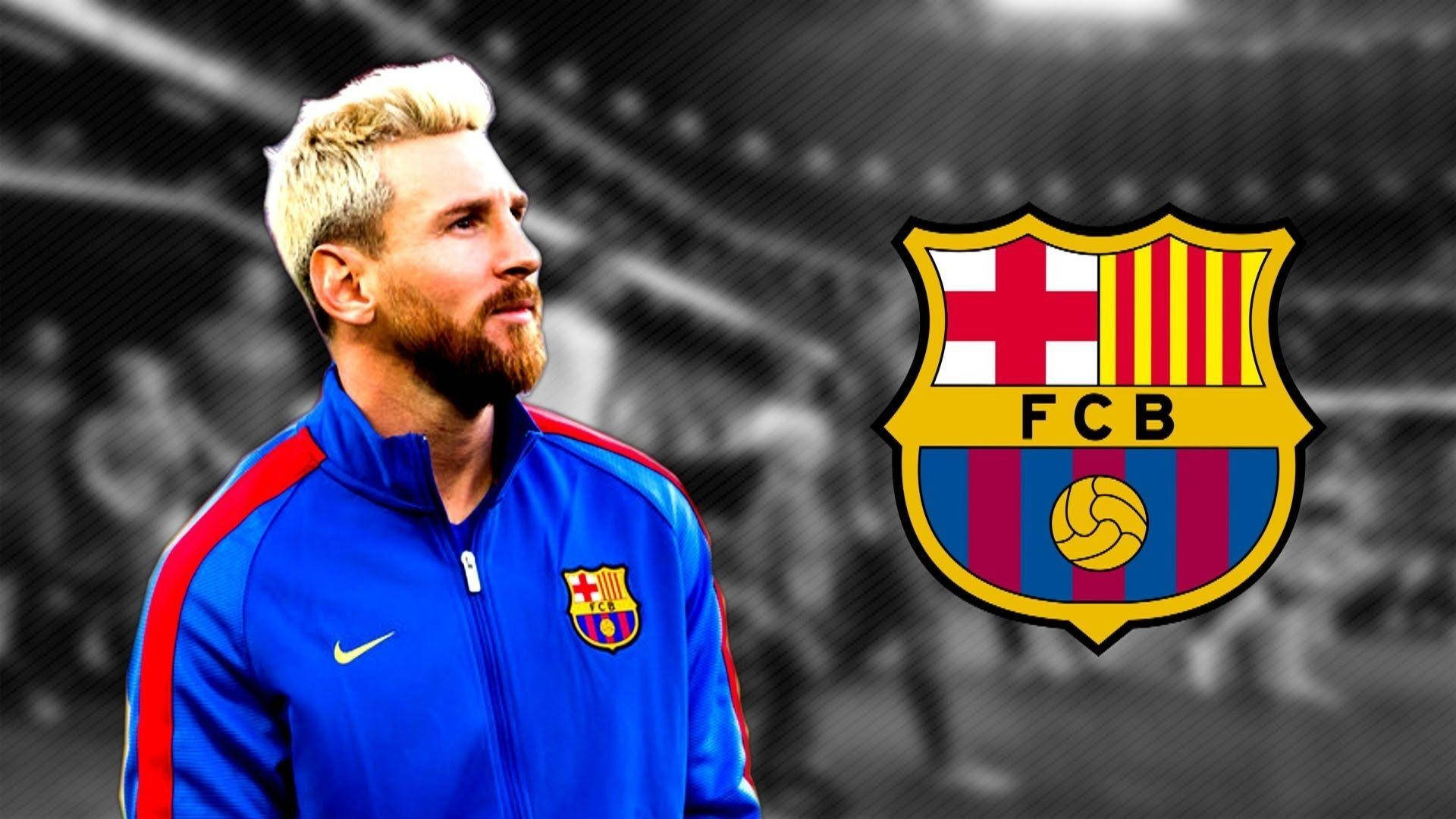 วอลเปเปอร์ภาพขาวดำของลิโอเนล เมสซี ข้างโลโก้ FCB — เมสซี วอลเปเปอร์