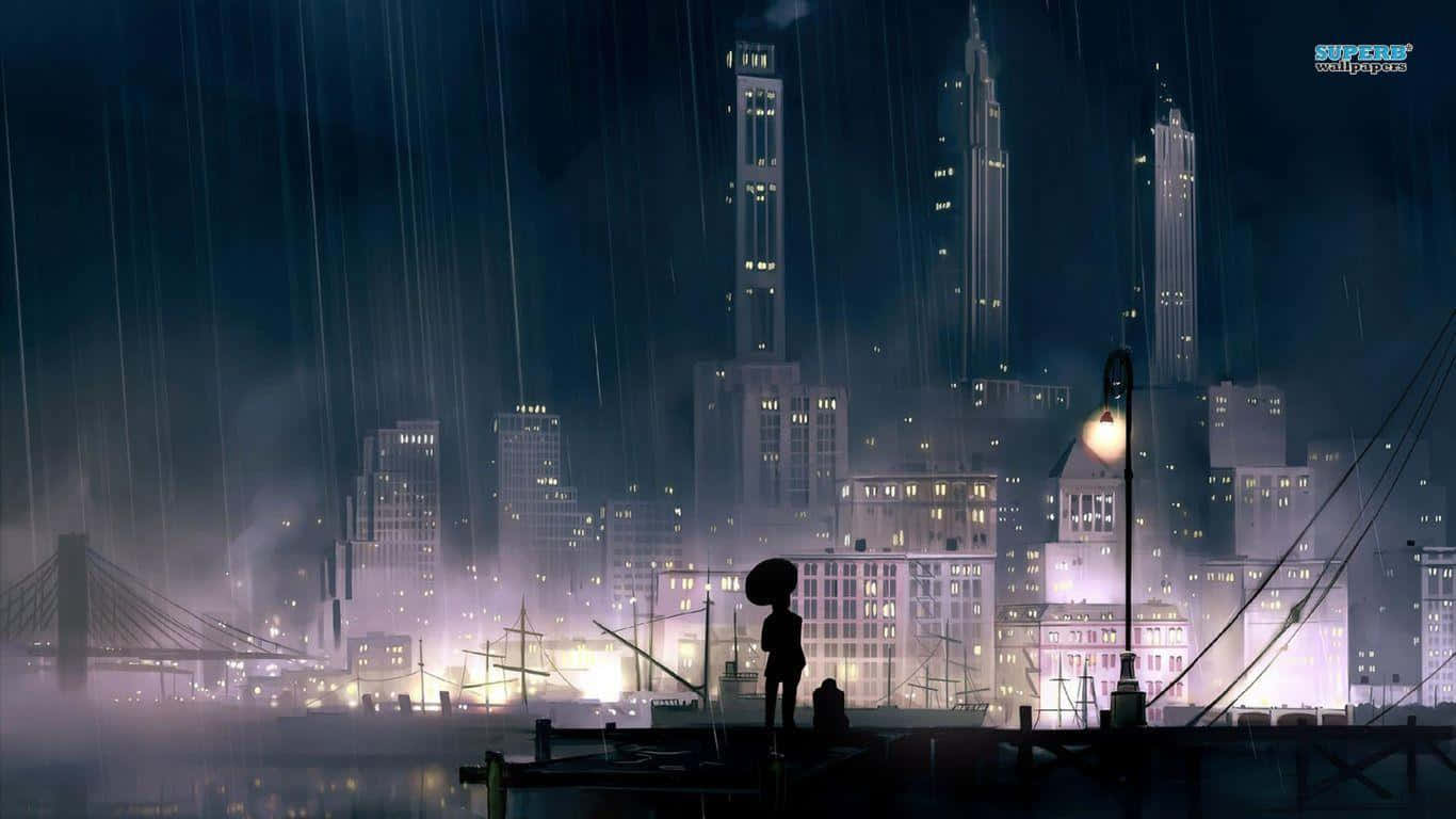 เมืองในสายฝนที่มีคนยืนอยู่ในน้ำ วอลเปเปอร์