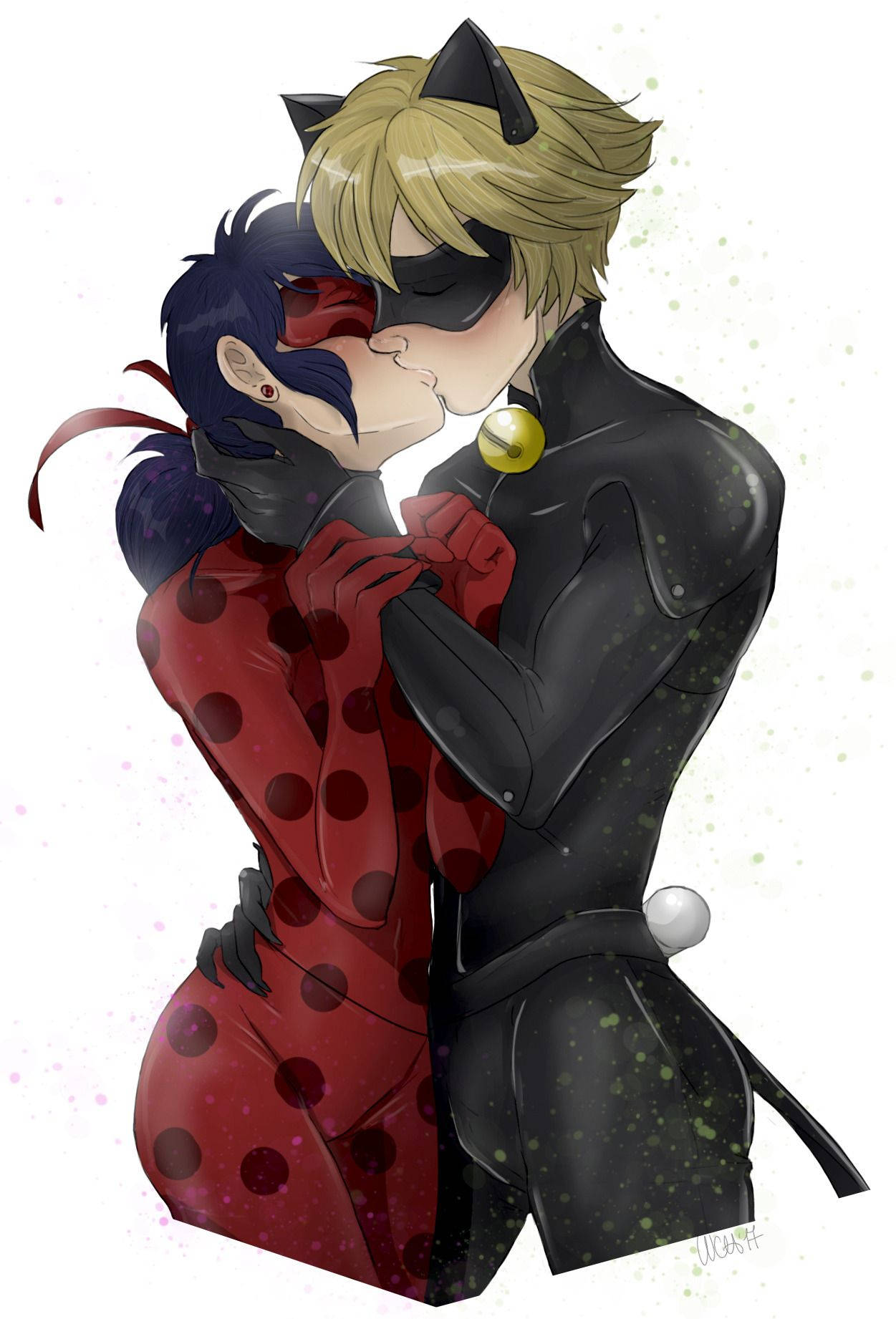 เลดี้บักกับแคทนัวร์จูบกันสไตล์การ์ตูน วอลเปเปอร์