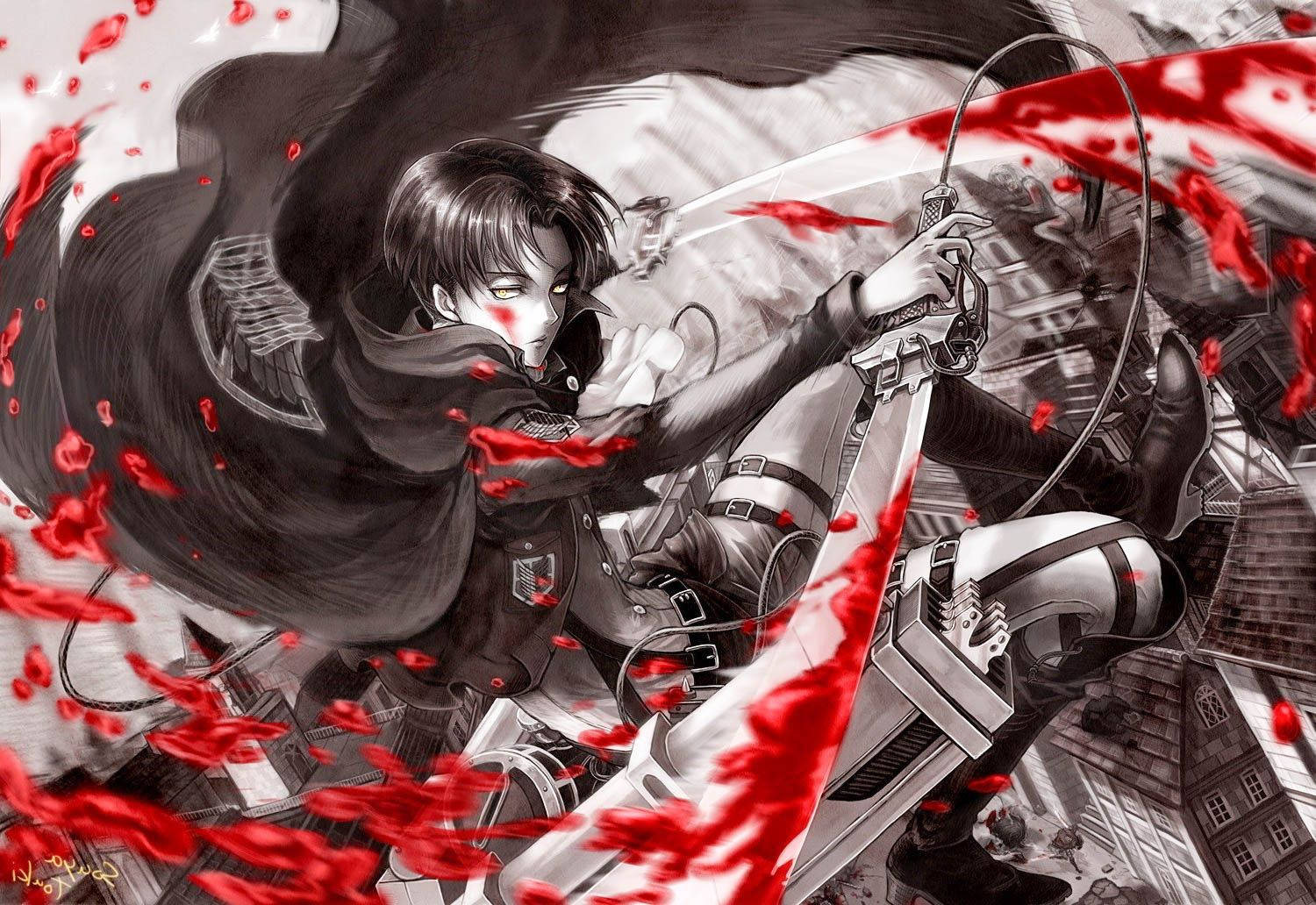 กัปตันหน่วยเลวี อัคเคอร์แมน ในวอลเปเปอร์แฟนอาร์ต Attack on Titan ที่มีเลือดกระเซ็น — Attack On Titan วอลเปเปอร์