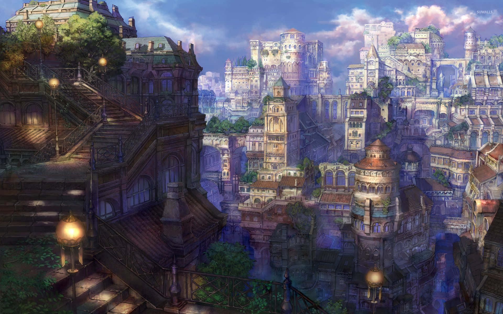 เส้นขอบฟ้าอันมีชีวิตชีวาของเมืองอนิเมะที่สวยงามตระการตา วอลเปเปอร์