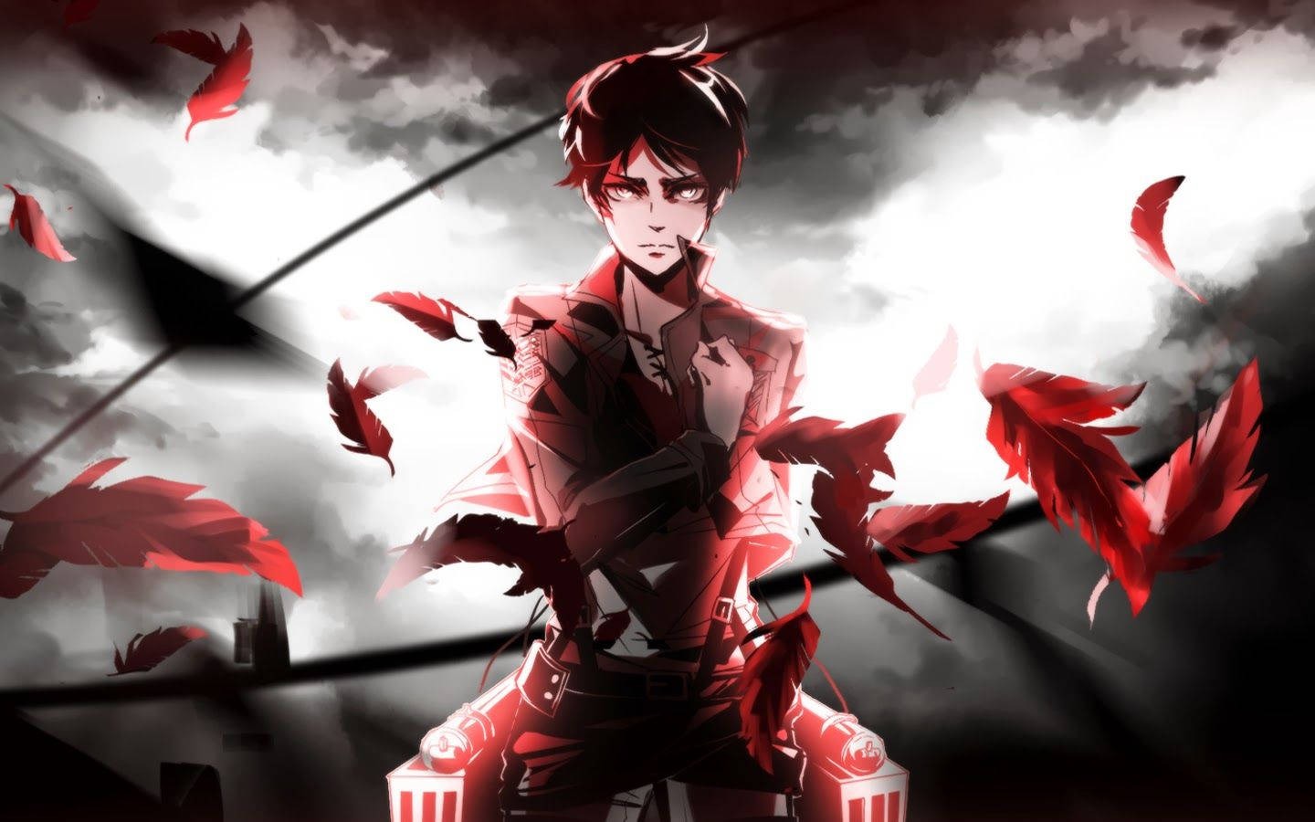 เอเรน เยเกอร์ทำท่าเคารพพร้อมขนนกสีแดงลอยอยู่ในวอลเปเปอร์แฟนอาร์ต Attack on Titan — Attack On Titan วอลเปเปอร์