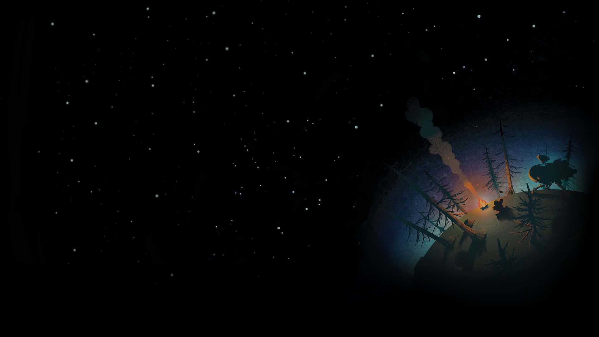 แคมป์ไซต์ Outer Wilds ในคืนที่เต็มไปด้วยดวงดาว วอลเปเปอร์